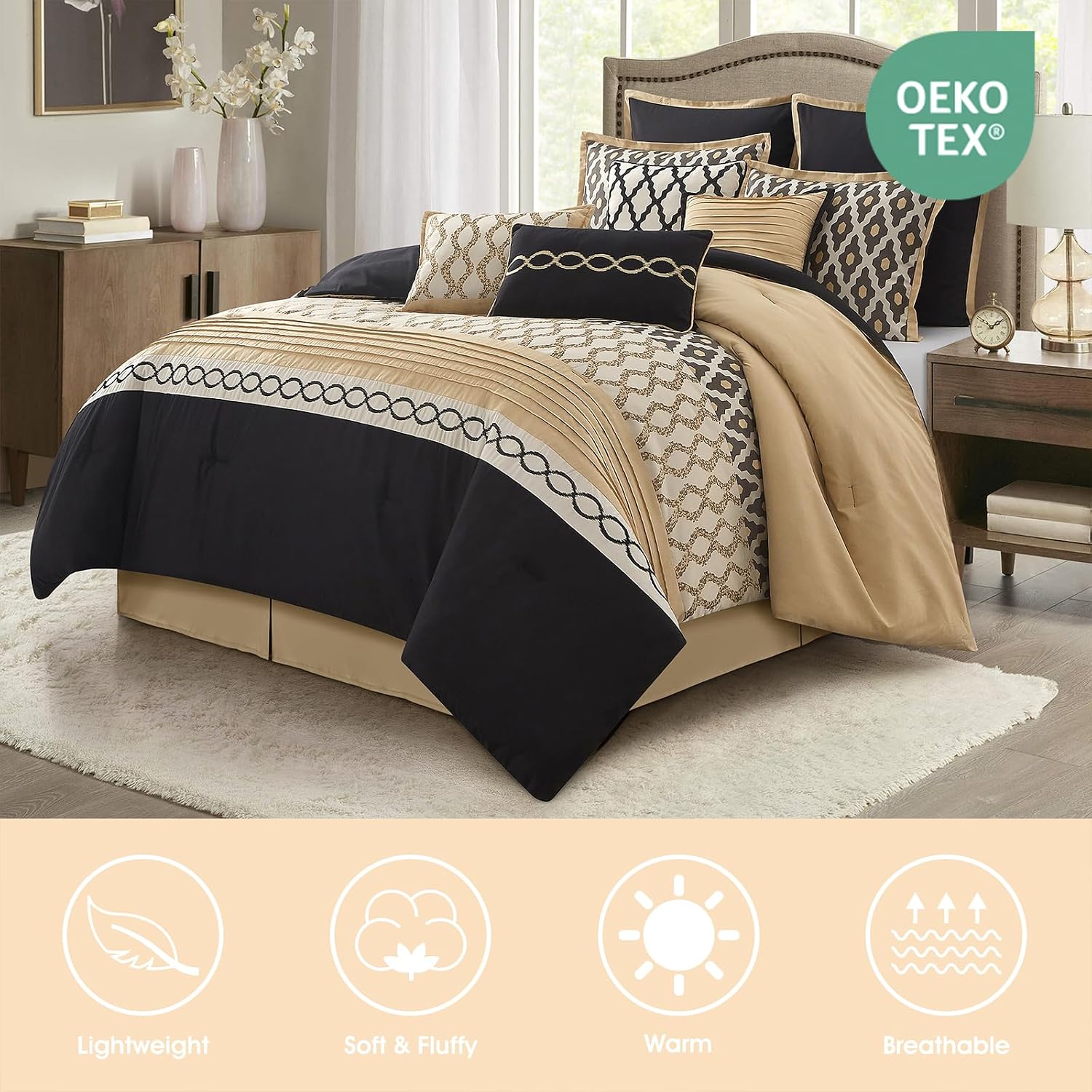 LANCO MODERN LIFESTYLE Queen Comforter Set, Black Gold, 10 Piece Bed in a Bag for All Seasons, Luxury Extreme Comfort Bedding Sets with Bedskirt, Pillow Shams, Euro Shams and Decor Pillows