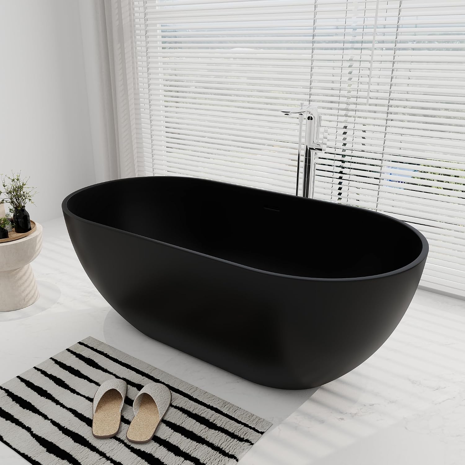 SJ STAR&JANE 59' Solid Surface Freestanding Bathtub Oval Stone Resin Soaking Tub Modern Stand Alone Tub with Overflow & Pop-up Drain, Matte Black for Bathrooms