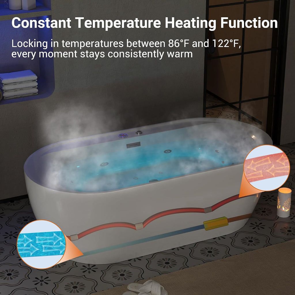 Water Therapy Freestanding Bathtub 71 inch Acrylic Massage Spa Tub with Heating System, Bubble Jets and Digital Control Panel for Bathroom Upgrade and Relaxation
