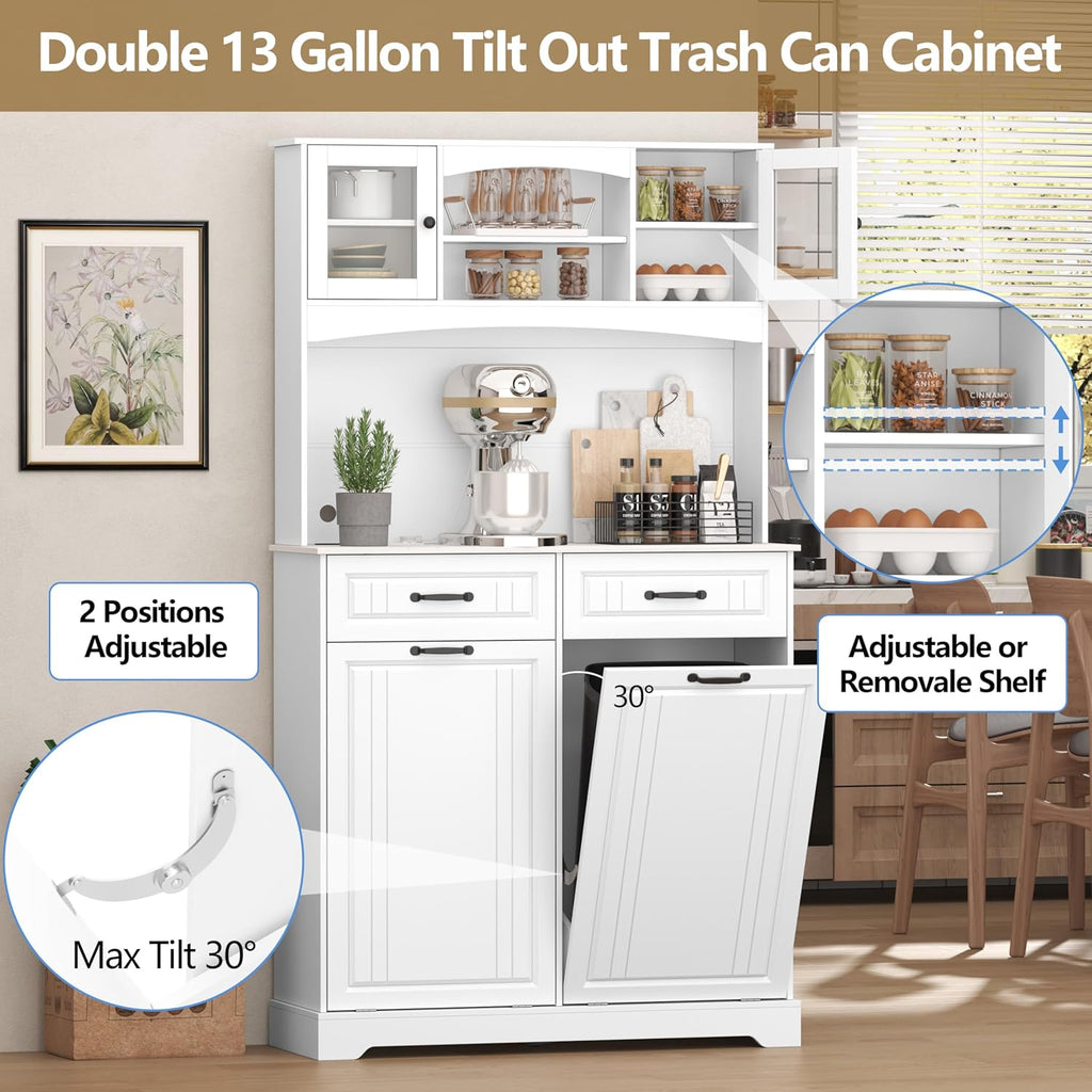 Double 13 Gallon Tilt Out Trash Can Cabinet with Deodorizing Function and Power Outlet, 71' Tall Wooden Garbage Can Holder Cabinet with 2 Storage Hutch & 2 Drawers for Kitchen and Dining Room, White