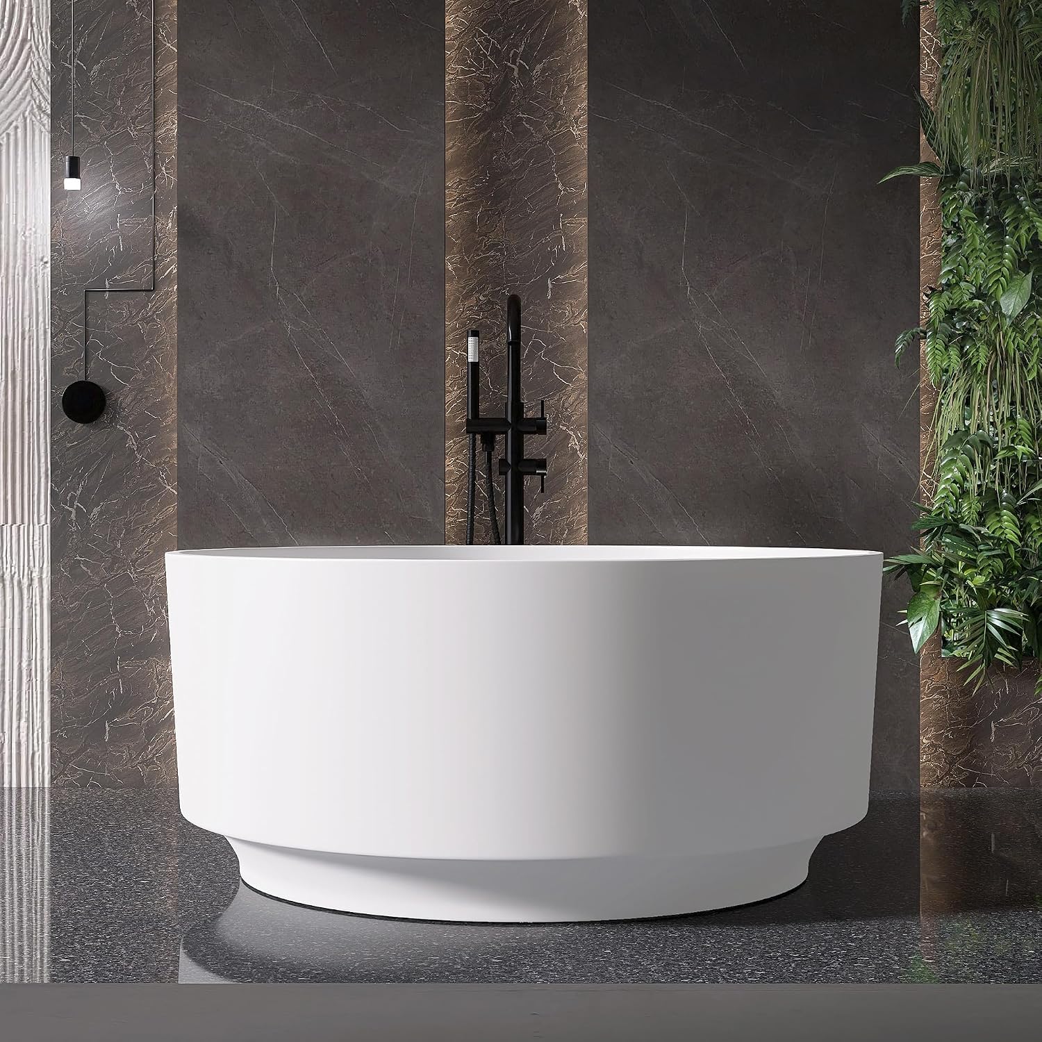 49'' Round Soaking Bathtub Resin Stone Freestanding Bathtub Soaking Deep Tub Solid Surface Bathtub with Overflow and Pop-up drain in White