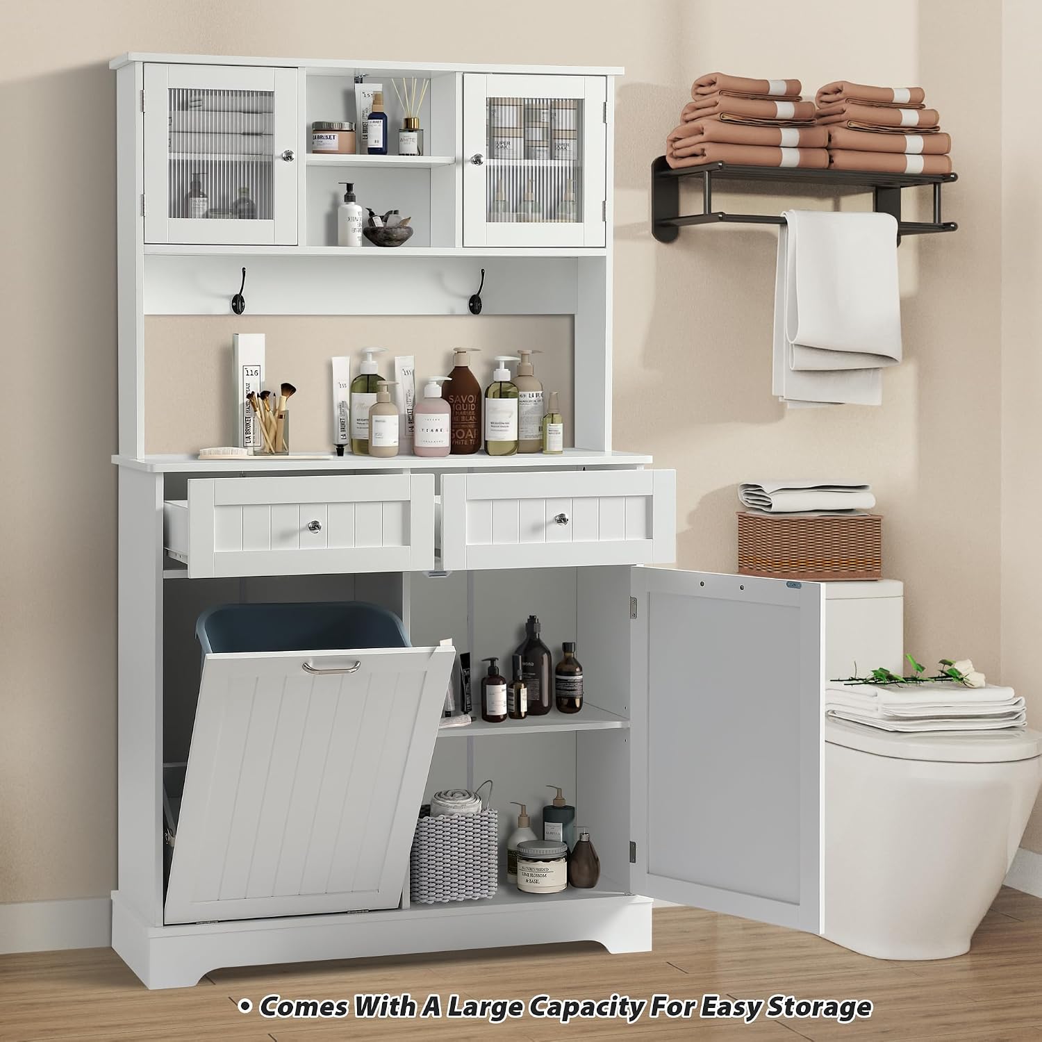 Tilt Out Trash Cabinet,Storage Cabinet,Two Solid Wood Hideaway Trash Holder Drawers,Wooden Freestanding Recycling Cabinets,Trash Can for Kitchen,White