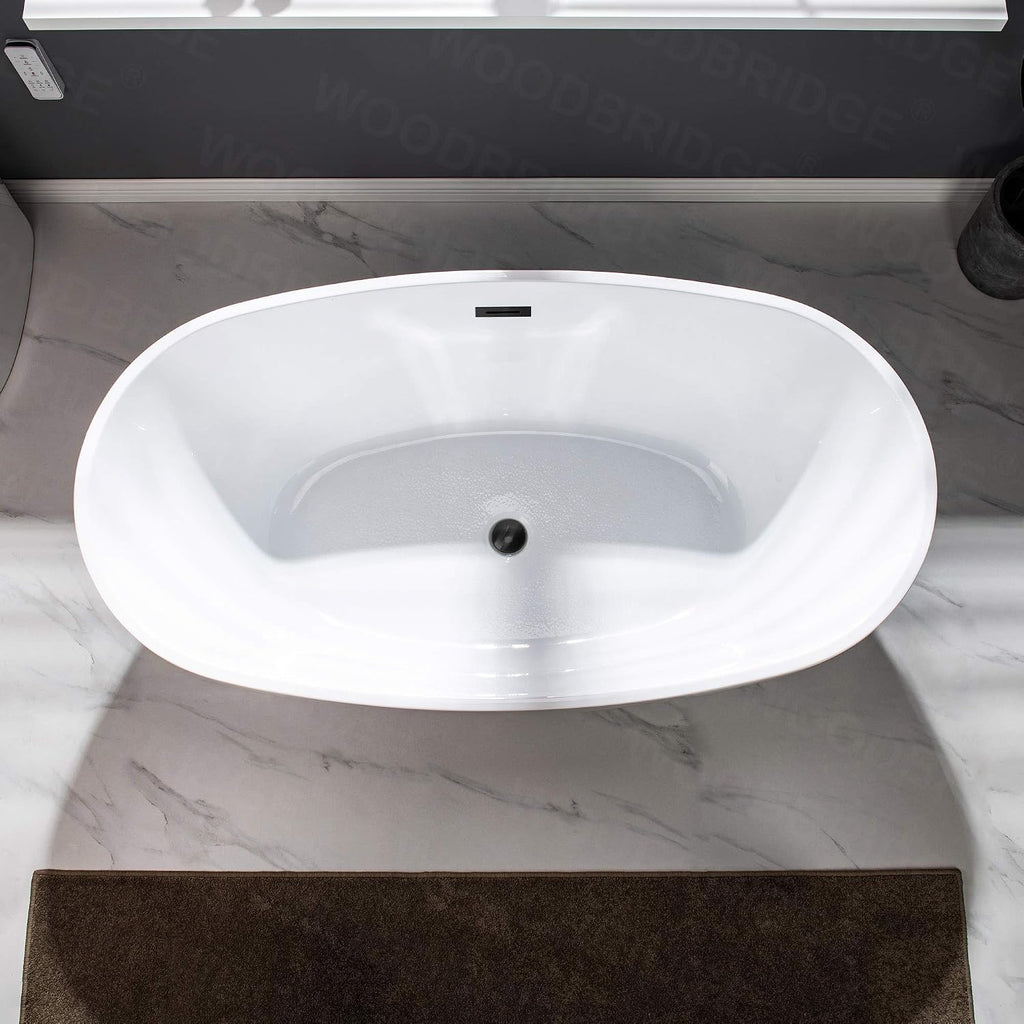WOODBRIDGE 59' Acrylic Freestanding Bathtub Contemporary Soaking White Tub with Matte Black Overflow and Drain，BTA1518 -MB-Drain &O