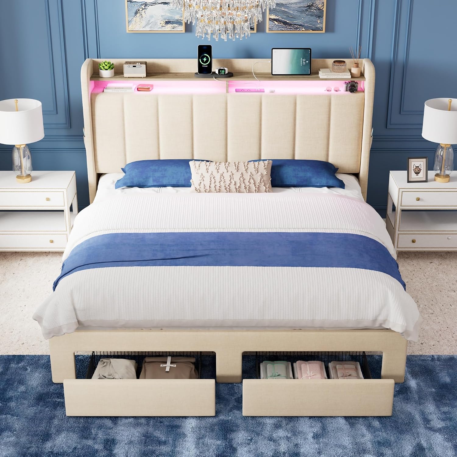 Allewie Vertical Tufted Queen Upholstered Platform Bed Frame with 2-Tier LED Storage Headboard & 2 Storage Drawers, USB & Type-C Charging Ports, Noise-Free/No Box Spring Needed, Beige