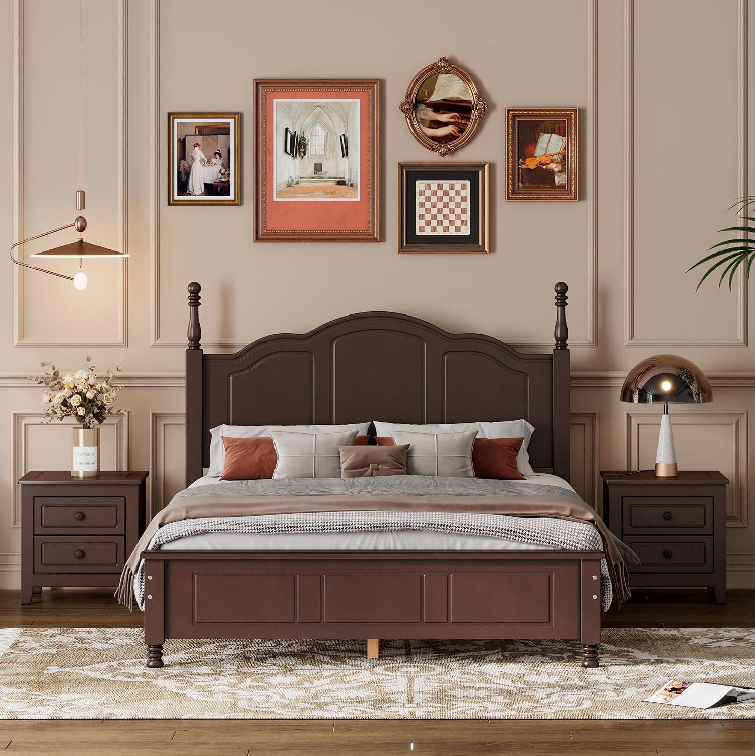 3-Pieces Bedroom Sets, Retro Style Full Size Platform Bed with Wooden Slat Support and Headboard, Wooden Bedroom Furniture Set with 2 Nightstands for Kids Teens Adults Bedroom (Walnut + Wood 078)