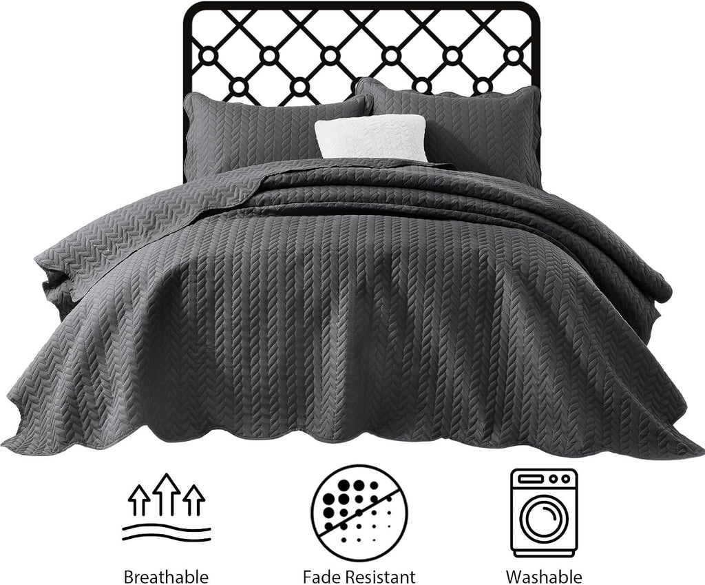 IR Imperial Rooms Queen Quilt Bedding Set (90' x 96') - Bulk Pack of 10 Wholesale for Hotels, Guest Bedroom & Airbnbs - Lightweight Microfiber Reversible Embossed Quilts Bedspreads (Charcoal)