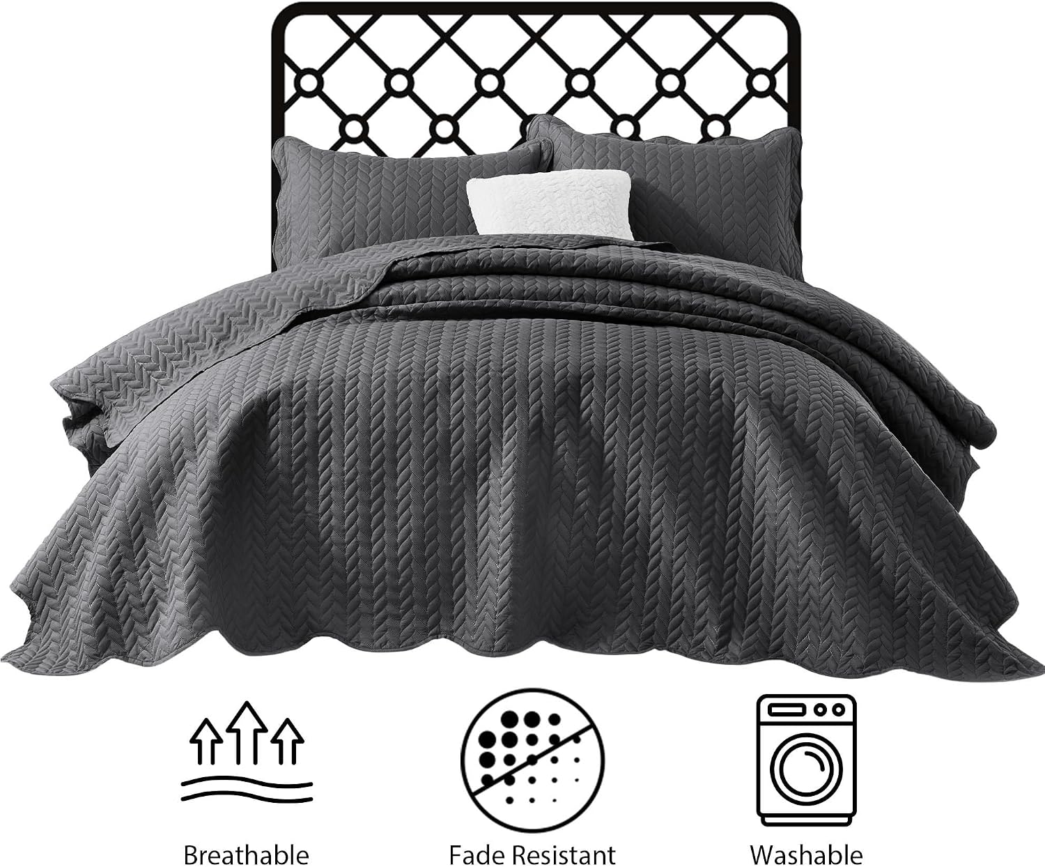 IR Imperial Rooms Queen Quilt Bedding Set (90' x 96') - Bulk Pack of 10 Wholesale for Hotels, Guest Bedroom & Airbnbs - Lightweight Microfiber Reversible Embossed Quilts Bedspreads (Charcoal)