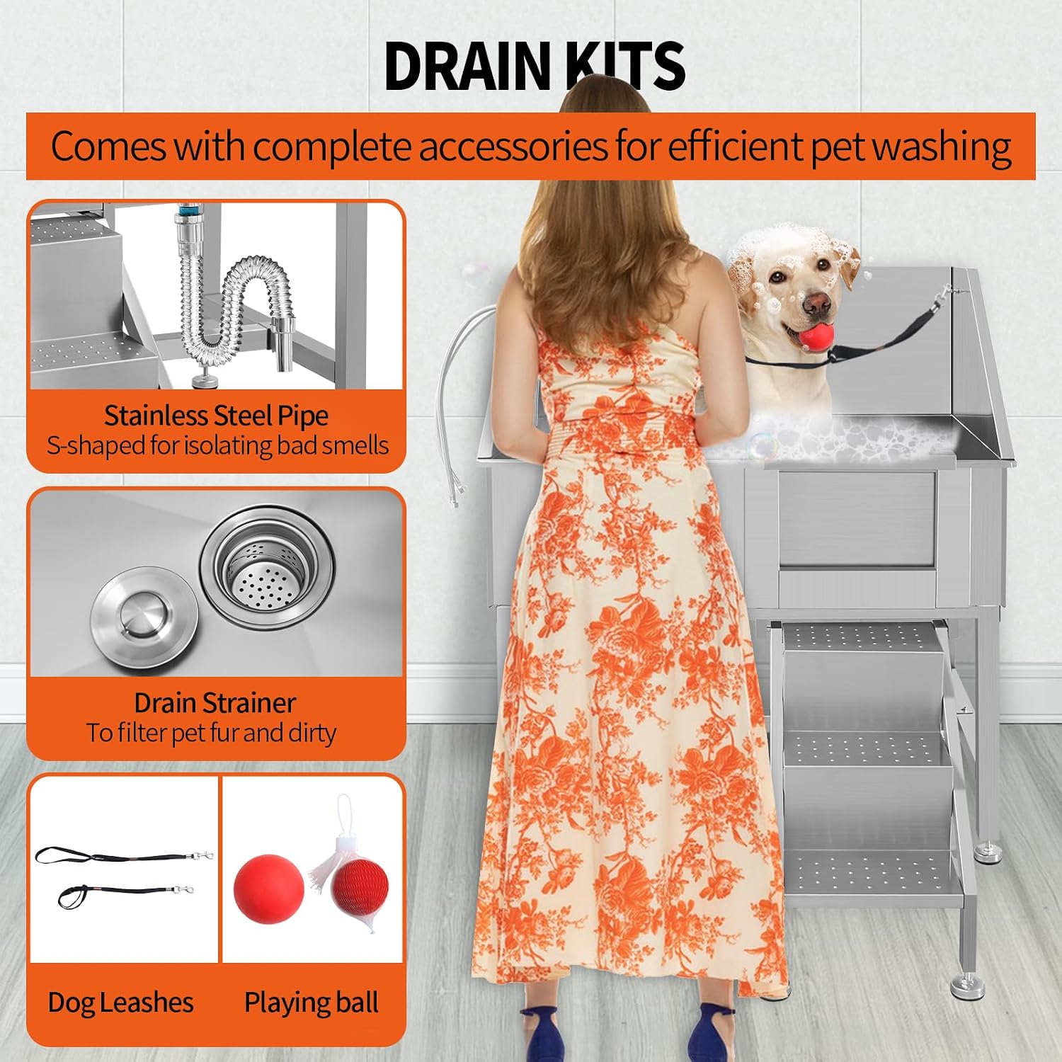 Dog Grooming Tub, 38' L Pet Wash Station, Professional Stainless Steel Pet Grooming Tub with Ramp, Faucet, Sprayer, and Drain Kit,R-Door