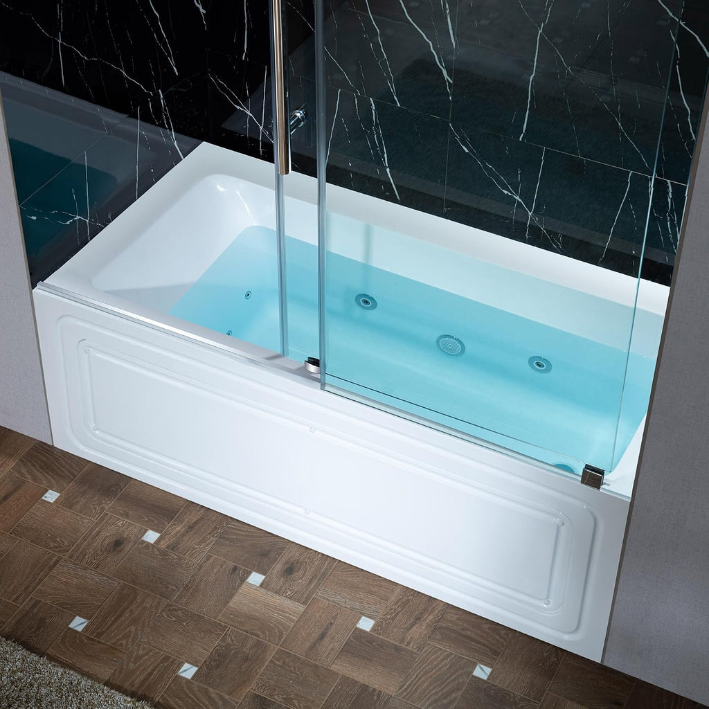 WOODBRIDGE 60' x 30' Alcove Acrylic Rectangular Whirlpool Heated Jetted Tub in White with right Drain, Polished Chrome Finish, BS666-R-CH01