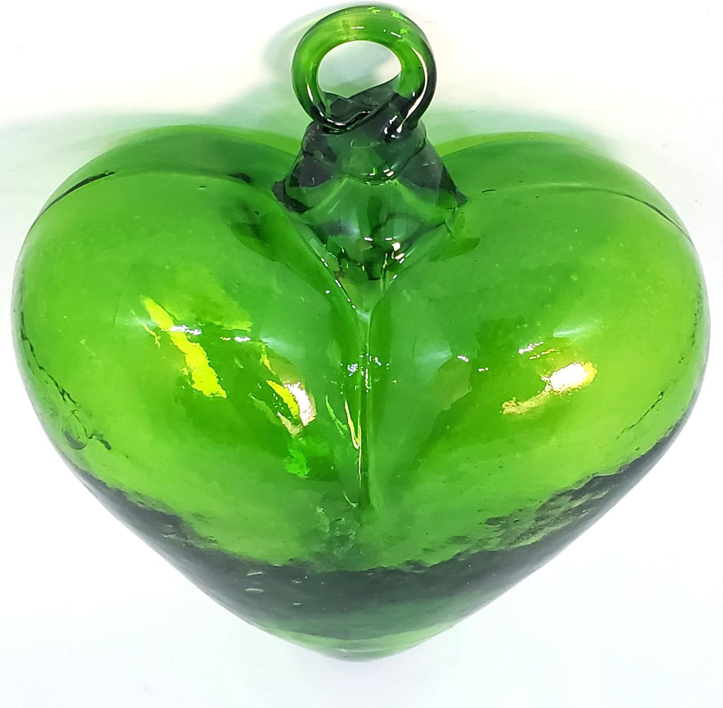 Green 5.1 inch Large Hanging Glass Hearts (Set of 6), Recycled Blown Glass Ornaments (LGE Green Hearts)