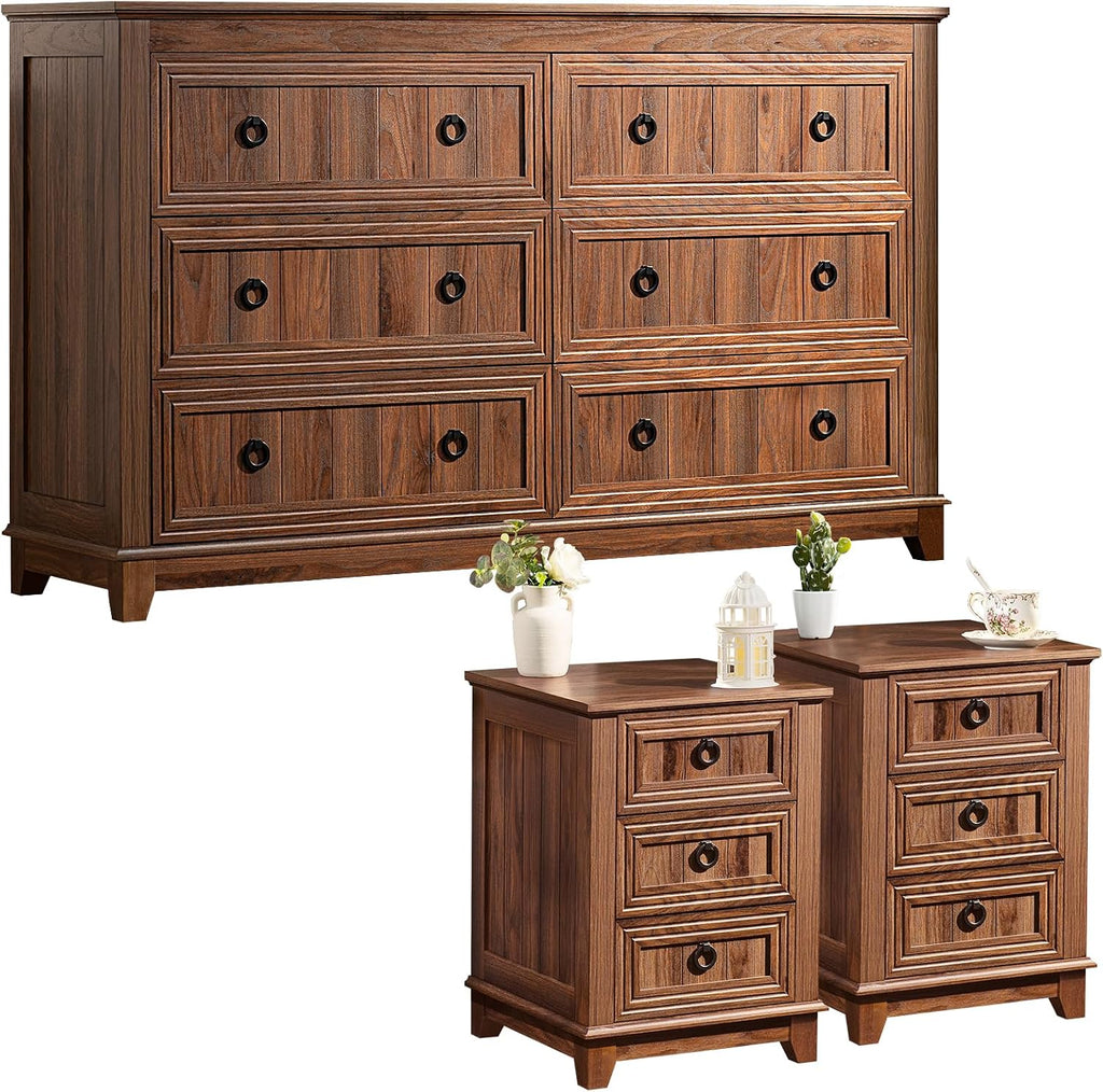 Joaxswe Farmhouse Dresser and Nightstand Sets 3 Piece, Nightstands Set of 2 and 6 Drawers Dresser for Bedroom, 54' Wide Dresser and 18' Inch Night Stand Set for Bedroom, Living Room, Hallway