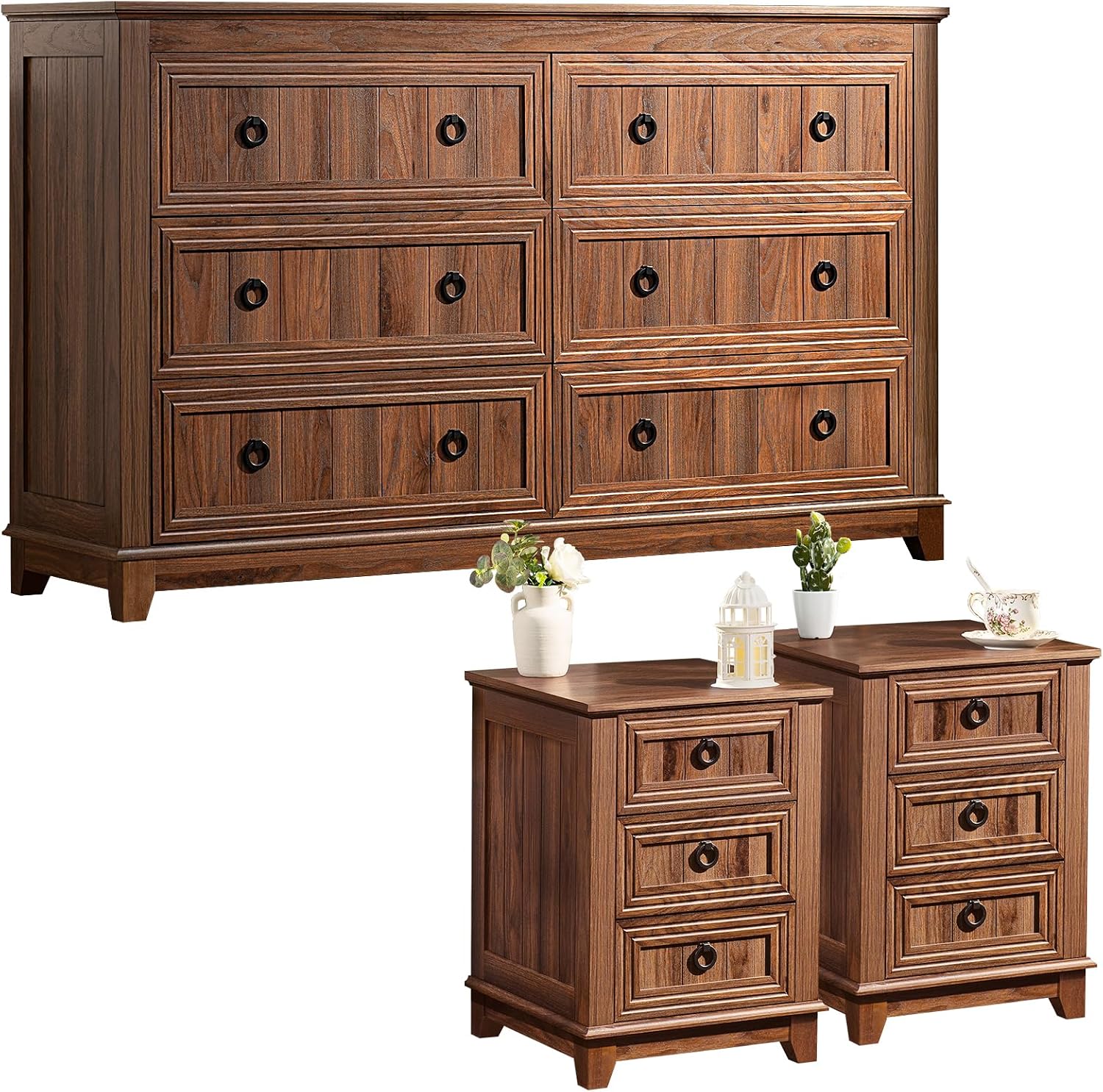 Joaxswe Farmhouse Dresser and Nightstand Sets 3 Piece, Nightstands Set of 2 and 6 Drawers Dresser for Bedroom, 54' Wide Dresser and 18' Inch Night Stand Set for Bedroom, Living Room, Hallway