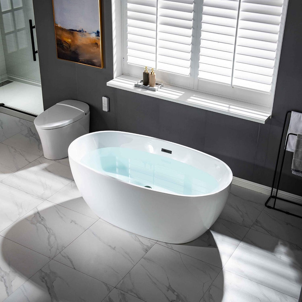 WOODBRIDGE 59' Acrylic Freestanding Bathtub Contemporary Soaking White Tub with Matte Black Overflow and Drain，BTA1518 -MB-Drain &O