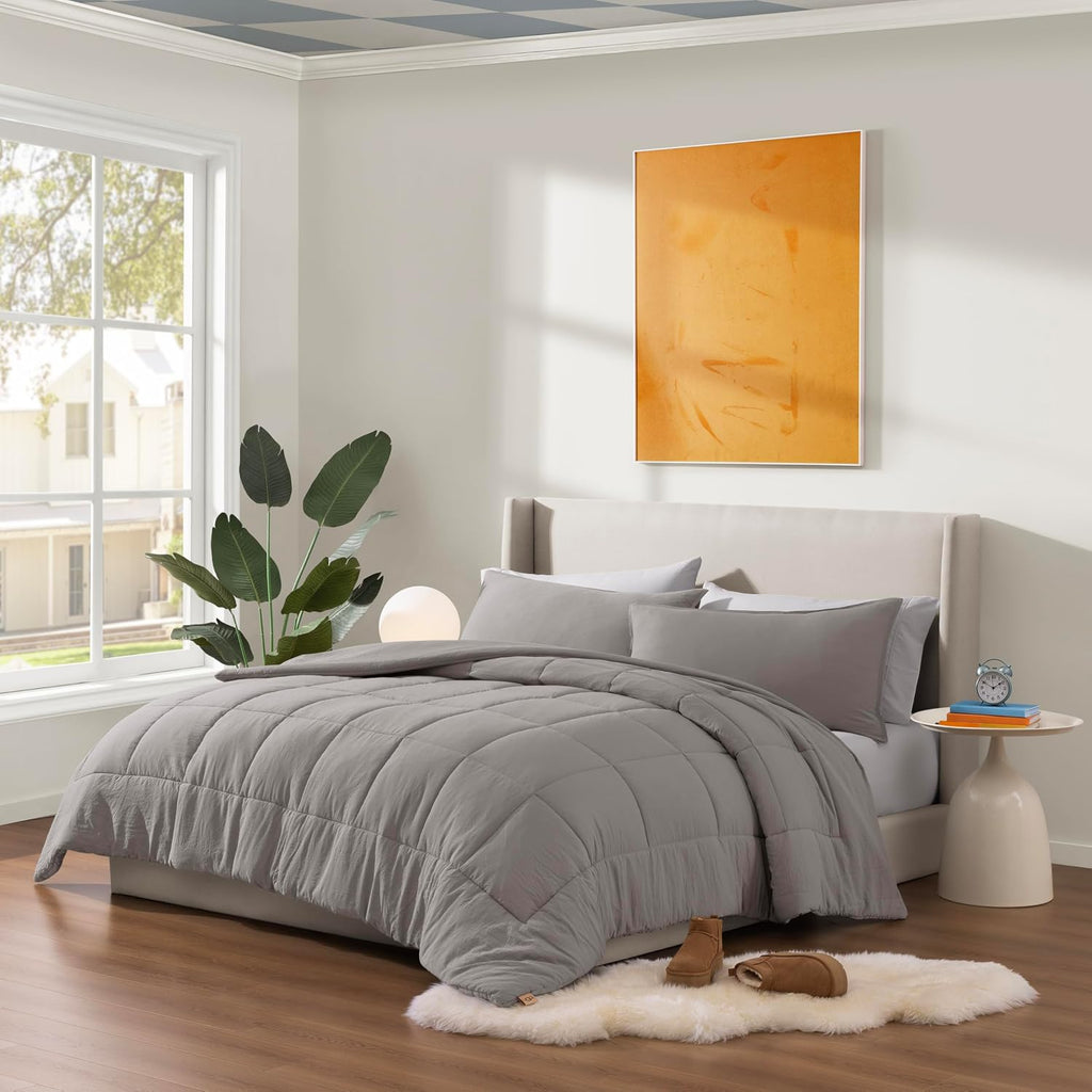 UGG Leonora Comforter Set with 2 Pillow Shams Lightweight Down Alternative Blanket Reversible Cozy Warm All Season Washable and Hypoallergenic Bedding Set, King, Light Grey