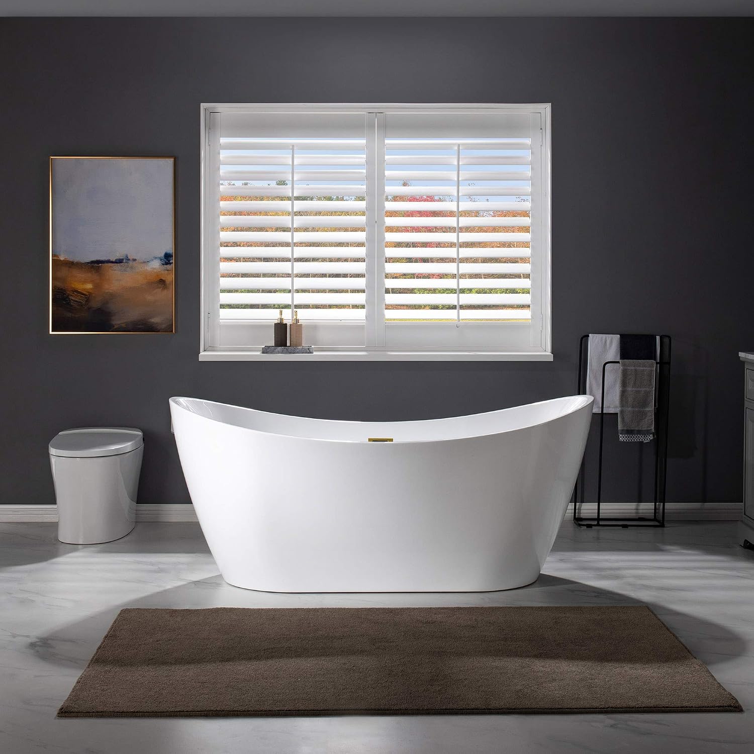 WOODBRIDGE 67' Acrylic Freestanding Bathtub Contemporary Soaking White Tub with Brushed Gold Overflow and Drain，B0010-BG