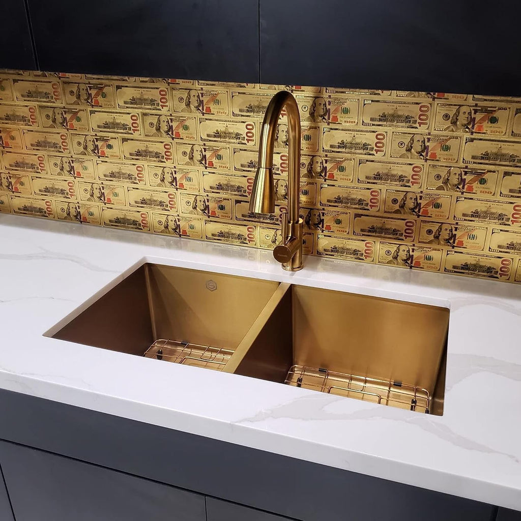 Strictly Sinks 32 Inch Undermount Double Bowl Kitchen Sink – Gold Kitchen Sink Designer Shelf Accessory 16 Gauge Stainless Steel – With Bottom Grid, 1 Disposal Adapter and 2 Strainer Drains