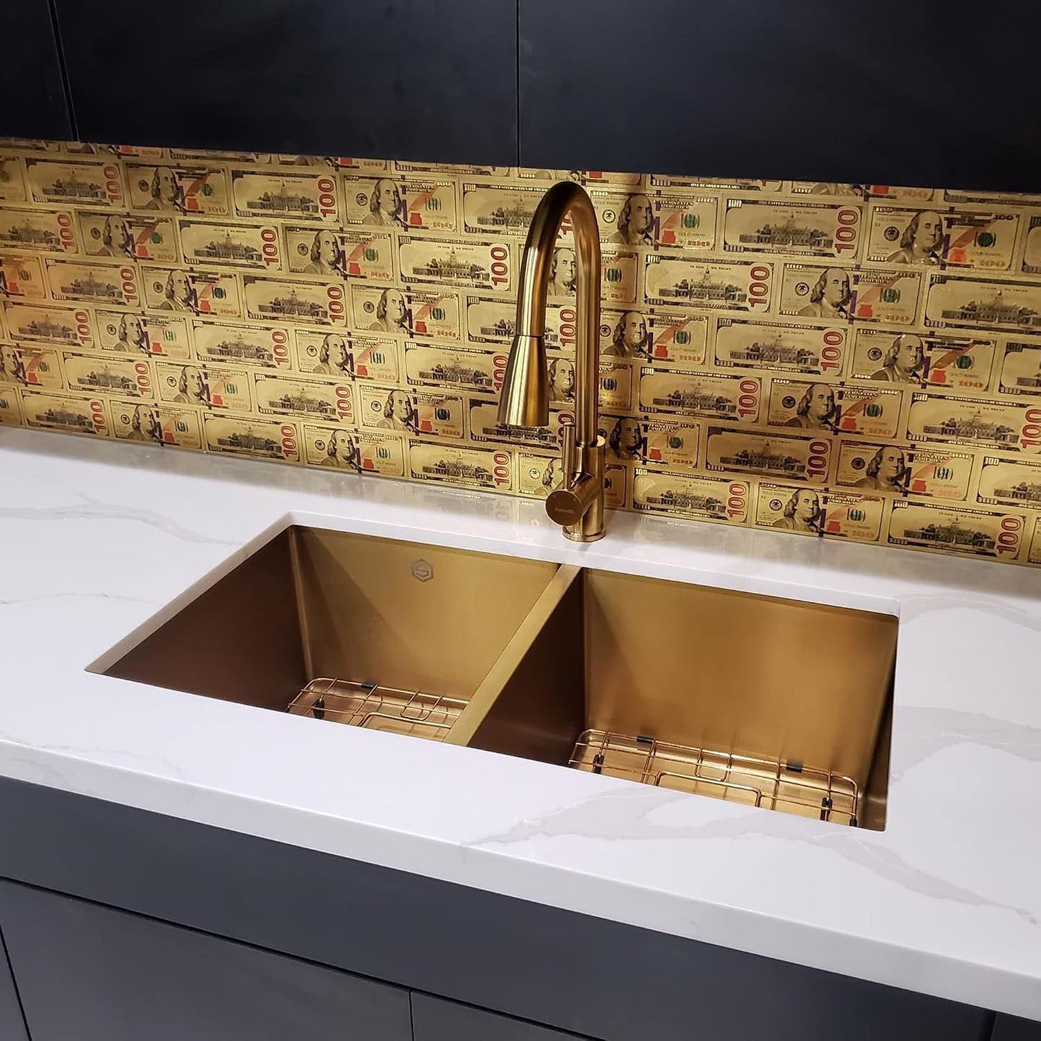 Strictly Sinks 32 Inch Undermount Double Bowl Kitchen Sink – Gold Kitchen Sink Designer Shelf Accessory 16 Gauge Stainless Steel – With Bottom Grid, 1 Disposal Adapter and 2 Strainer Drains