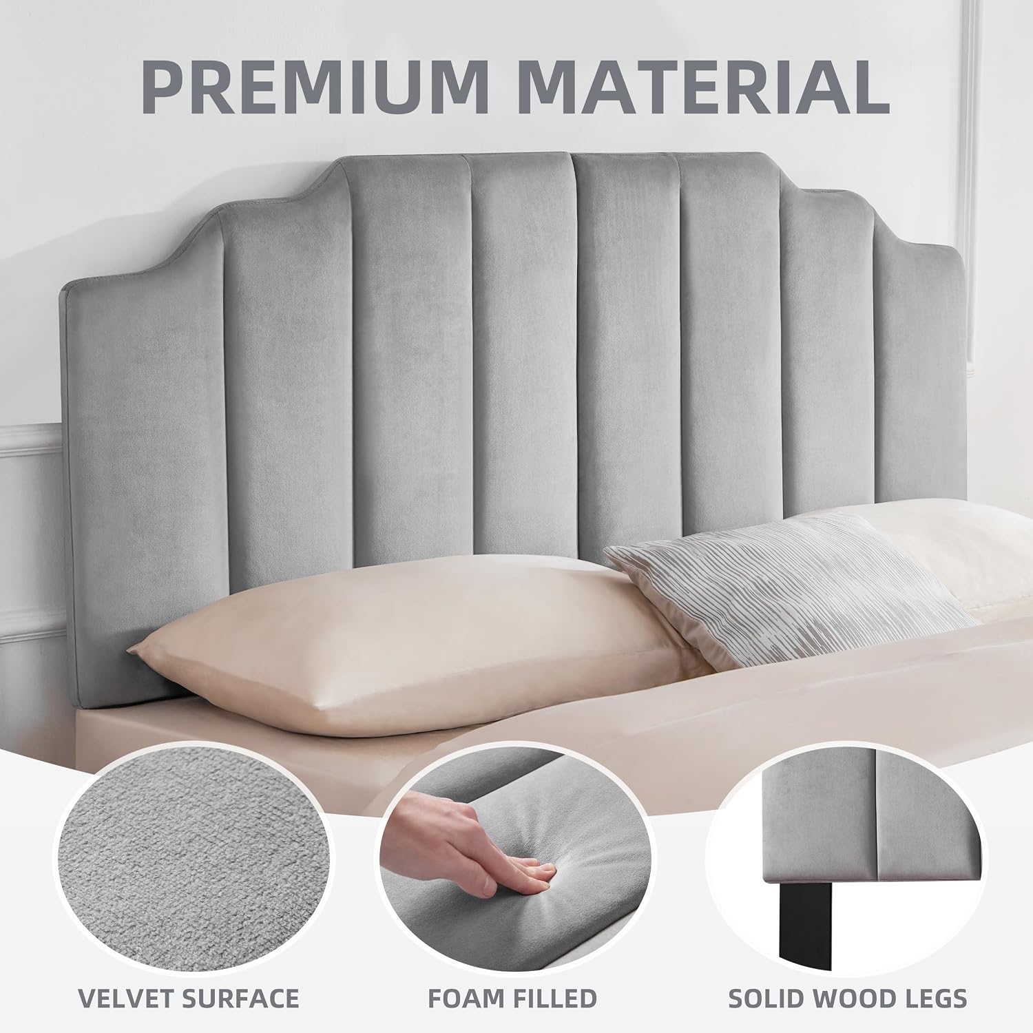 Huatean Home Velvet Upholstered Headboard Queen, Tufted Headboard, Elegantly Curved headboard only, Soft Padded headboards Queen Size, Modern Vertical Channel Design Head Board, Soft Grey