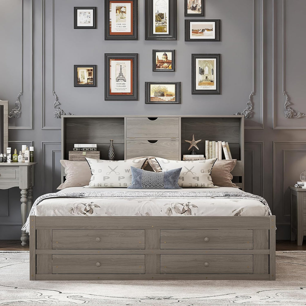 King Size Platform Bed with Storage Headboard, Solid Wood Platform Bed Captain's Bed Frame with 8 Drawers, Sturdy Slats Support, Maximize Space (Grey-8R, King)