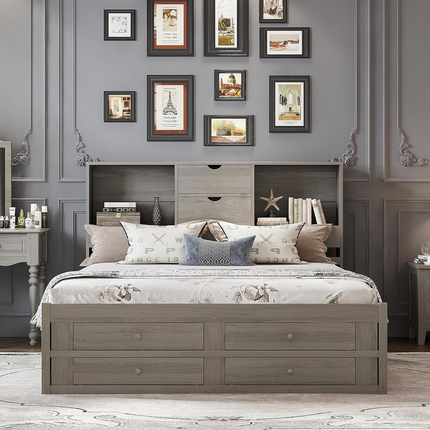 King Size Platform Bed with Storage Headboard, Solid Wood Platform Bed Captain's Bed Frame with 8 Drawers, Sturdy Slats Support, Maximize Space (Grey-8R, King)
