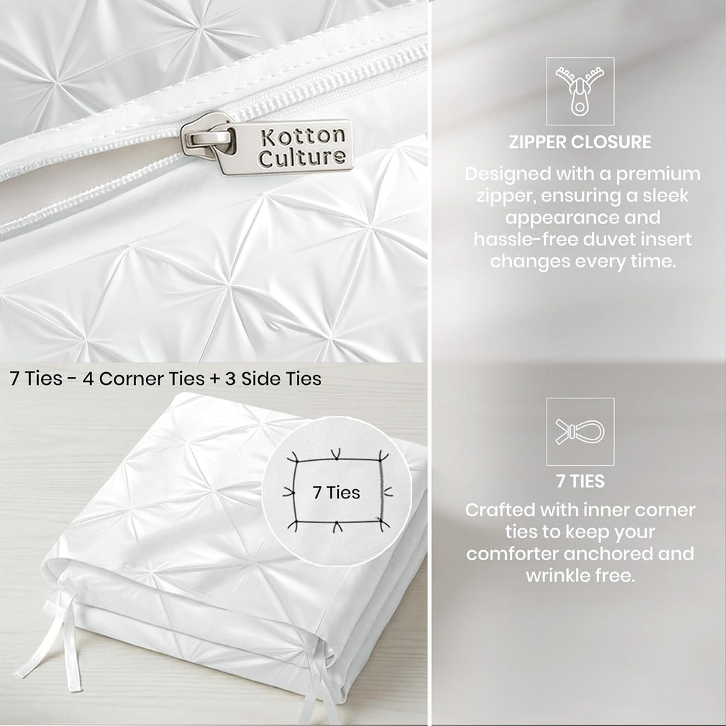 Kotton Culture 120'x 120' 3 Pc Super King Plus Pinch Pleated - Pintuck Duvet Cover Set - 100% Egyptian Cotton 600 TC - Zipper Closure & 7 Internal Ties- Fits Extra Large King Inserts - White