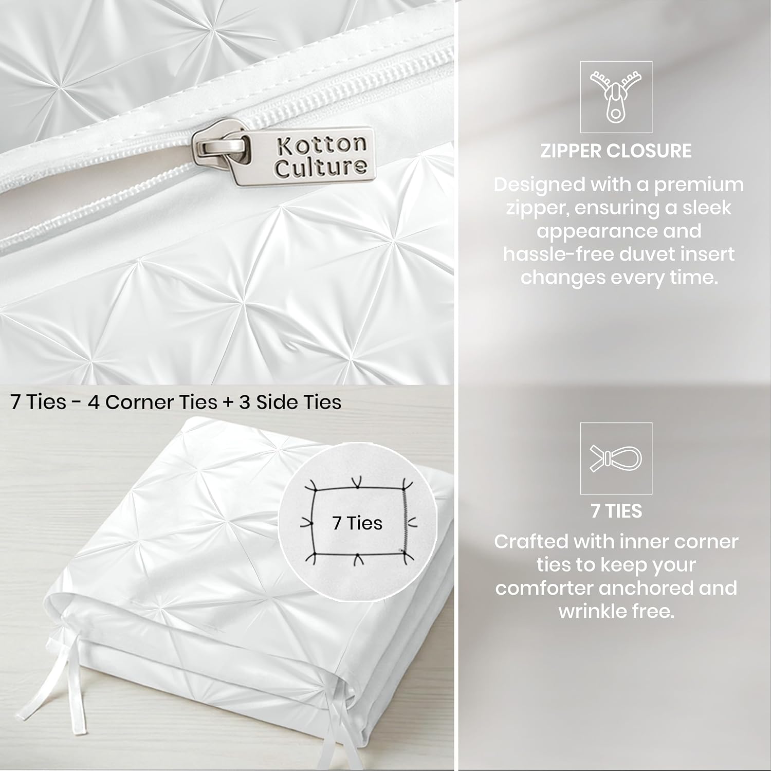 Kotton Culture 120'x 120' 3 Pc Super King Plus Pinch Pleated - Pintuck Duvet Cover Set - 100% Egyptian Cotton 600 TC - Zipper Closure & 7 Internal Ties- Fits Extra Large King Inserts - White
