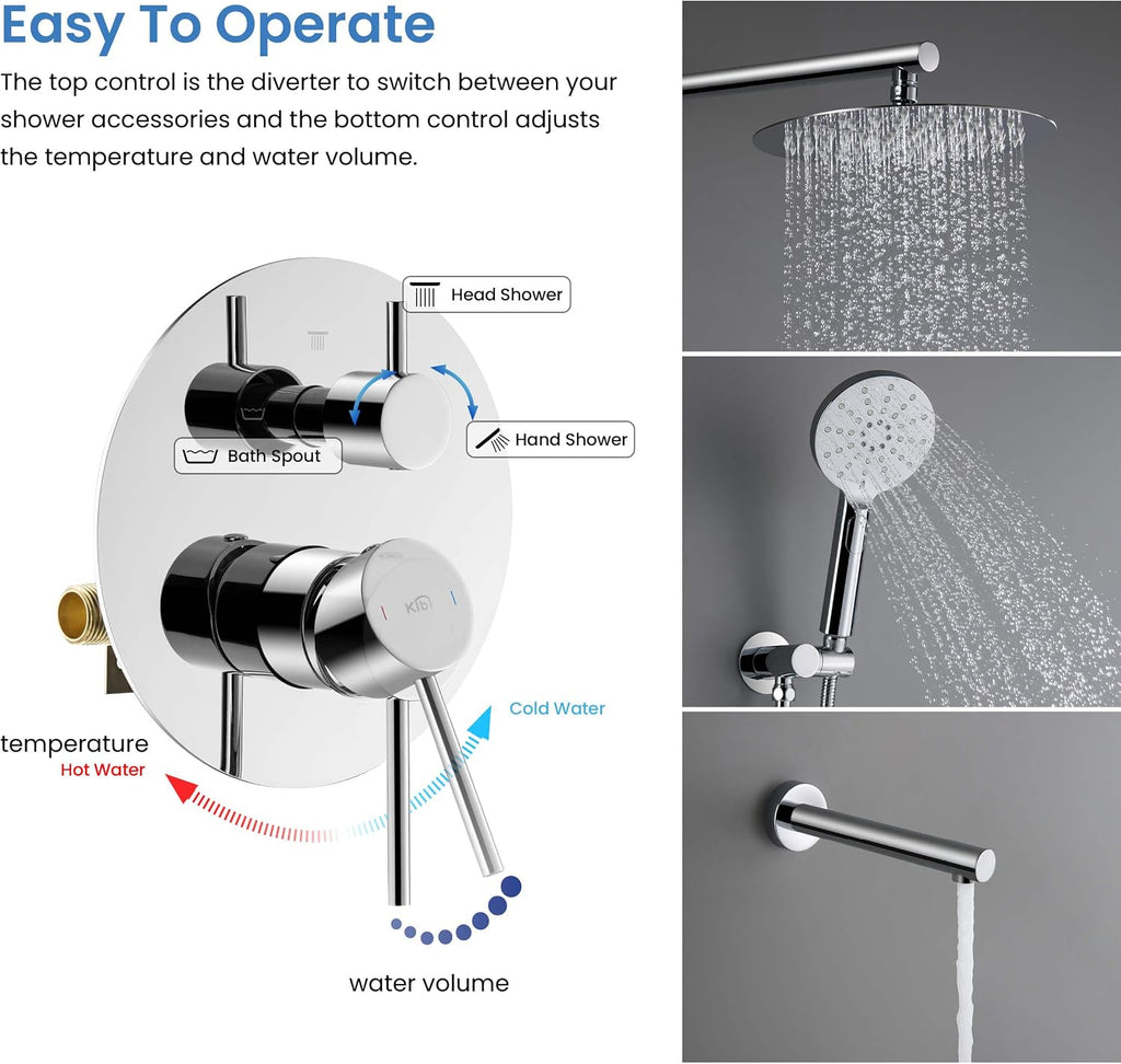 KIBI Circular Bathroom Shower System | 3-Function Wall Mounted Shower Faucet Set with Solid Brass Pressure Balanced Valve | Three Hand Shower Modes | 15-inch Long Shower Arm | Chrome Finish (KSF404)