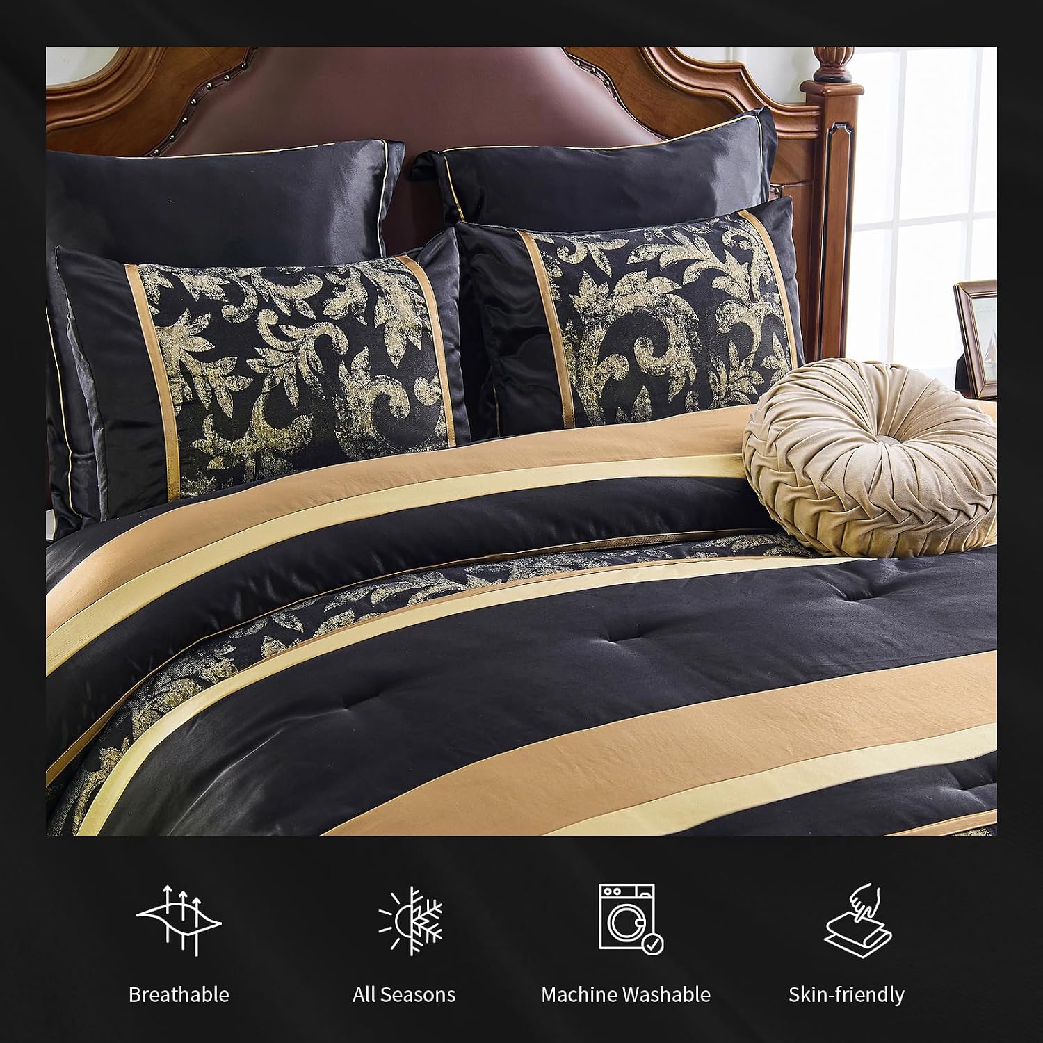 Finlonte 7-Pieces Black Gold Comforter Set Queen Size, Luxury Jacquard Floral Bed in a Bag, Vintage Geometric Patchwork All Season Down Alternative Bedding Set with Matching Pillows, Shams, Bed Skirt