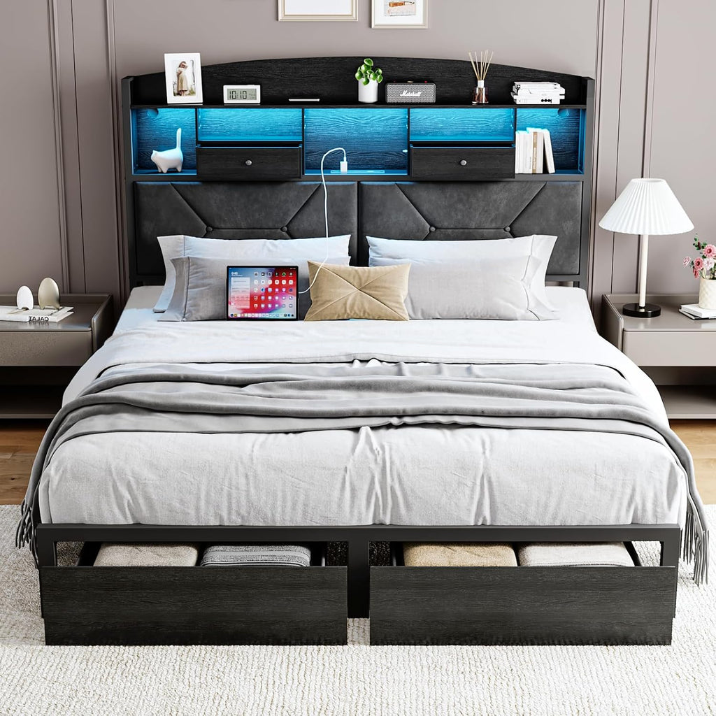 DOGIBIXO Full Size Black Bed Frame with 4 Storage, Upholstered Velvet Platform Bed Frames with Button Tufted Headboard Led Lights, Wooden Slats Support, No Box Spring Needed, Black