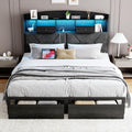 DOGIBIXO Full Size Black Bed Frame with 4 Storage, Upholstered Velvet Platform Bed Frames with Button Tufted Headboard Led Lights, Wooden Slats Support, No Box Spring Needed, Black