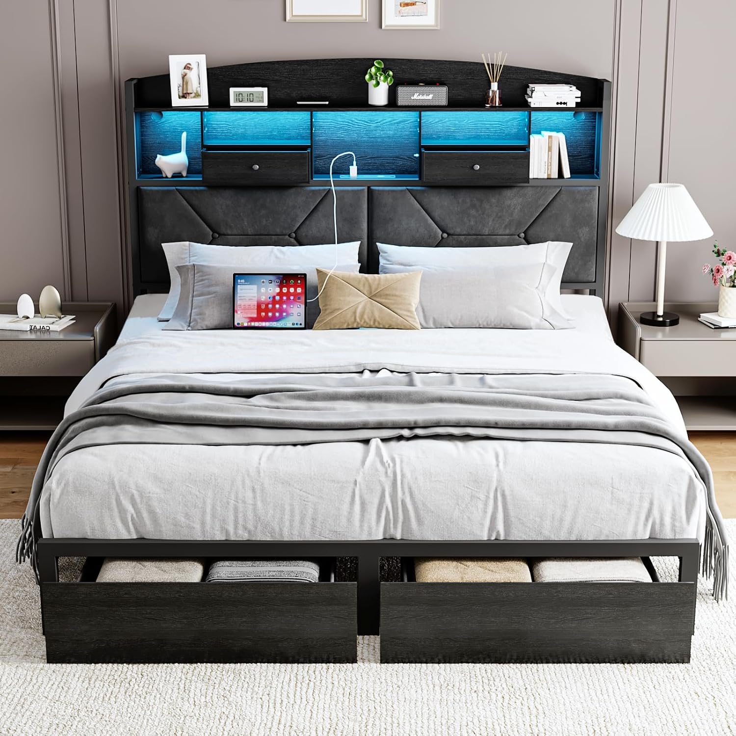 DOGIBIXO Full Size Black Bed Frame with 4 Storage, Upholstered Velvet Platform Bed Frames with Button Tufted Headboard Led Lights, Wooden Slats Support, No Box Spring Needed, Black