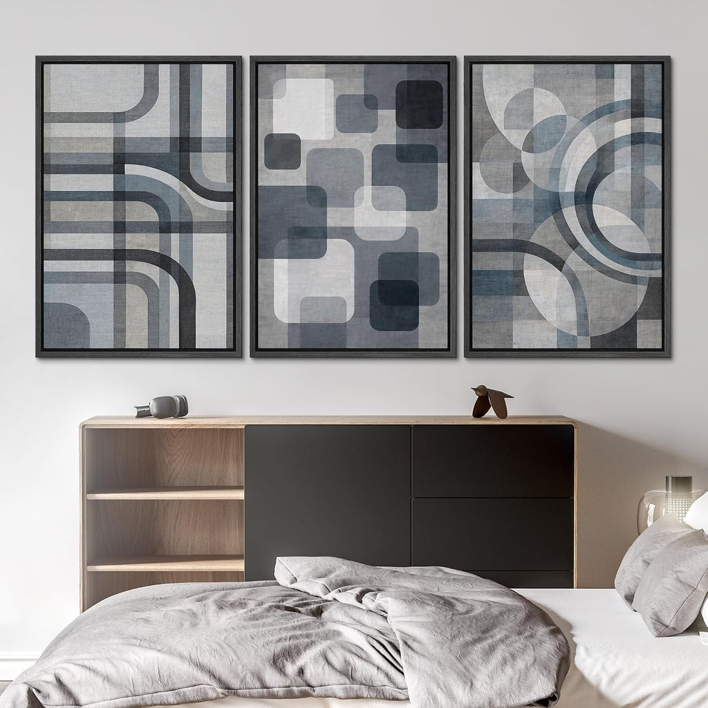 SIGNLEADER Framed Canvas Print Wall Art Set Blue Gray Geometric Abstract Illustrations Modern Art Boho Decorative for Living Room, Bedroom, Office - 24'x36'x3 BLACK