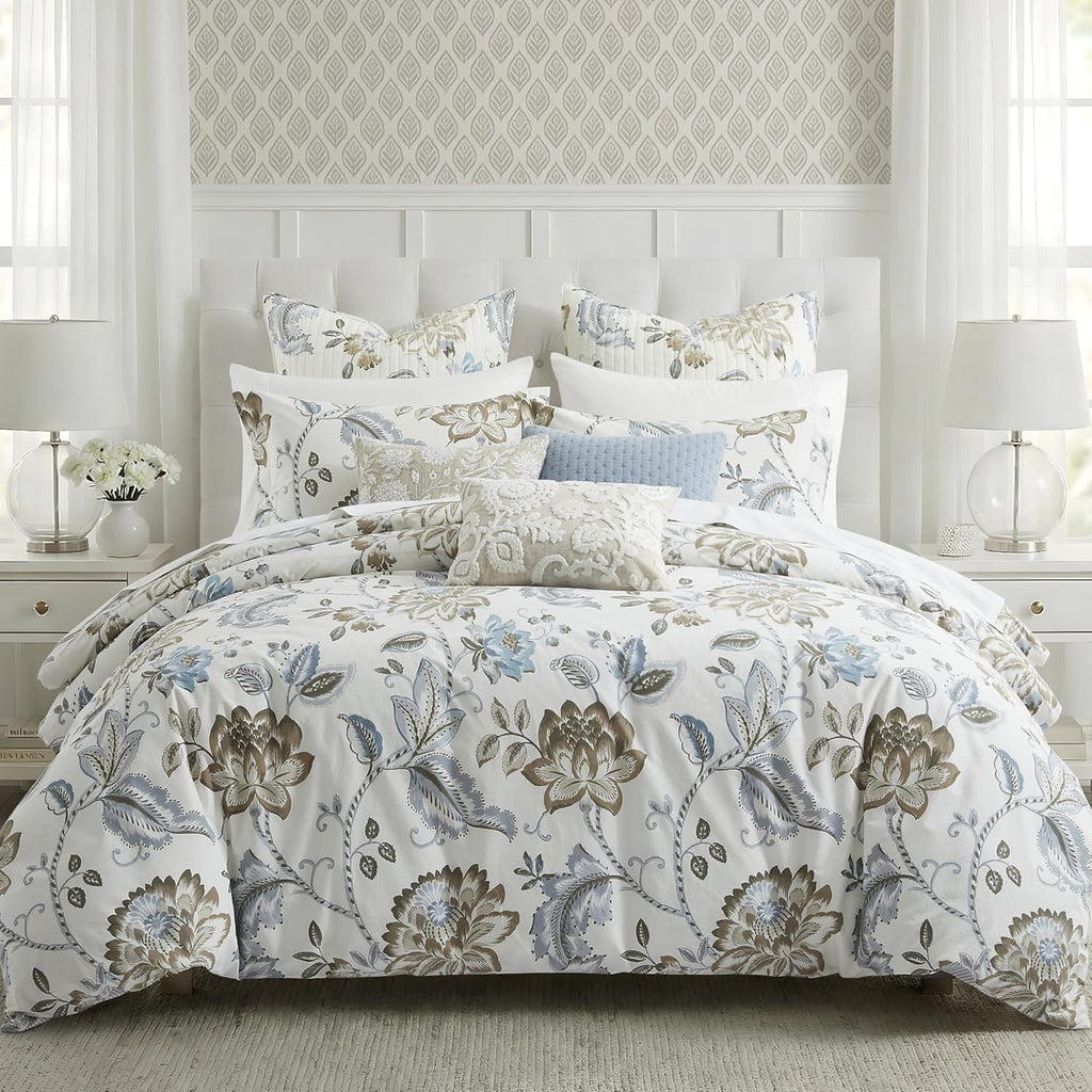 Levtex Home - Maileen Neutral Blue Comforter Set - Full/Queen Comforter (90x94in) and 2 Standard Shams (20x26in) - Floral Vine Design - Neutral Tones - Cotton with Polyester Fill | Reversible