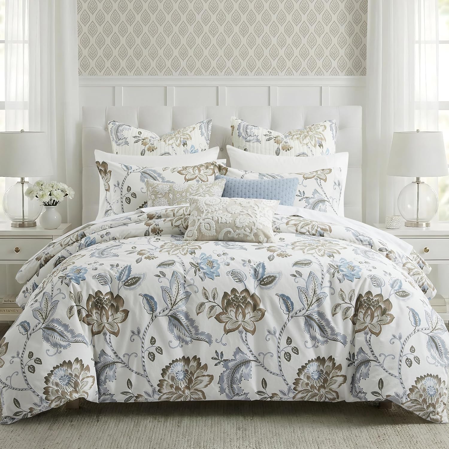Levtex Home - Maileen Neutral Blue Comforter Set - Full/Queen Comforter (90x94in) and 2 Standard Shams (20x26in) - Floral Vine Design - Neutral Tones - Cotton with Polyester Fill | Reversible