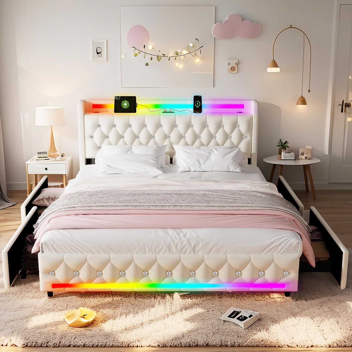 Beige Full Bed Frame with Bluetooth Speakers,LED Headboard and Footboard & USB & Type-C Charging Station & 4 Drawers Storage,Wooden Slats Support,Velvet Upholstered Bed,Easy Assembly