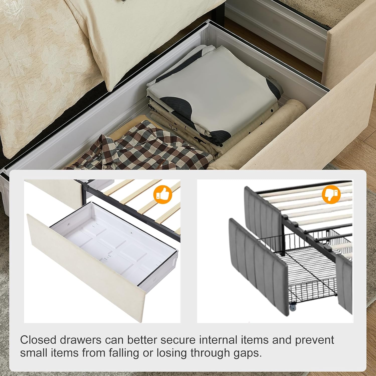 VELOCAVA Queen Size Upholstered Storage Bed Frame with 4 Drawers, Modern Linen Platform Bed with Vertical Channel Headboard, Sturdy Wood Slats, Under Bed Storage, No Box Spring Needed, Beige