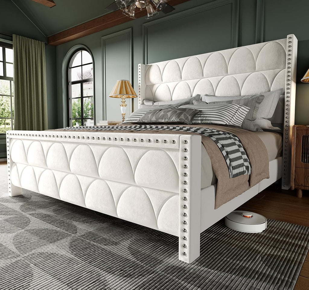 OHOHOLIVE King Size Bed Frame with 56' Headboard - Velvet Upholstered Wingback Platform Bed Frame, Noise Free, Sturdy Wooden Slat Support (Cream, King)