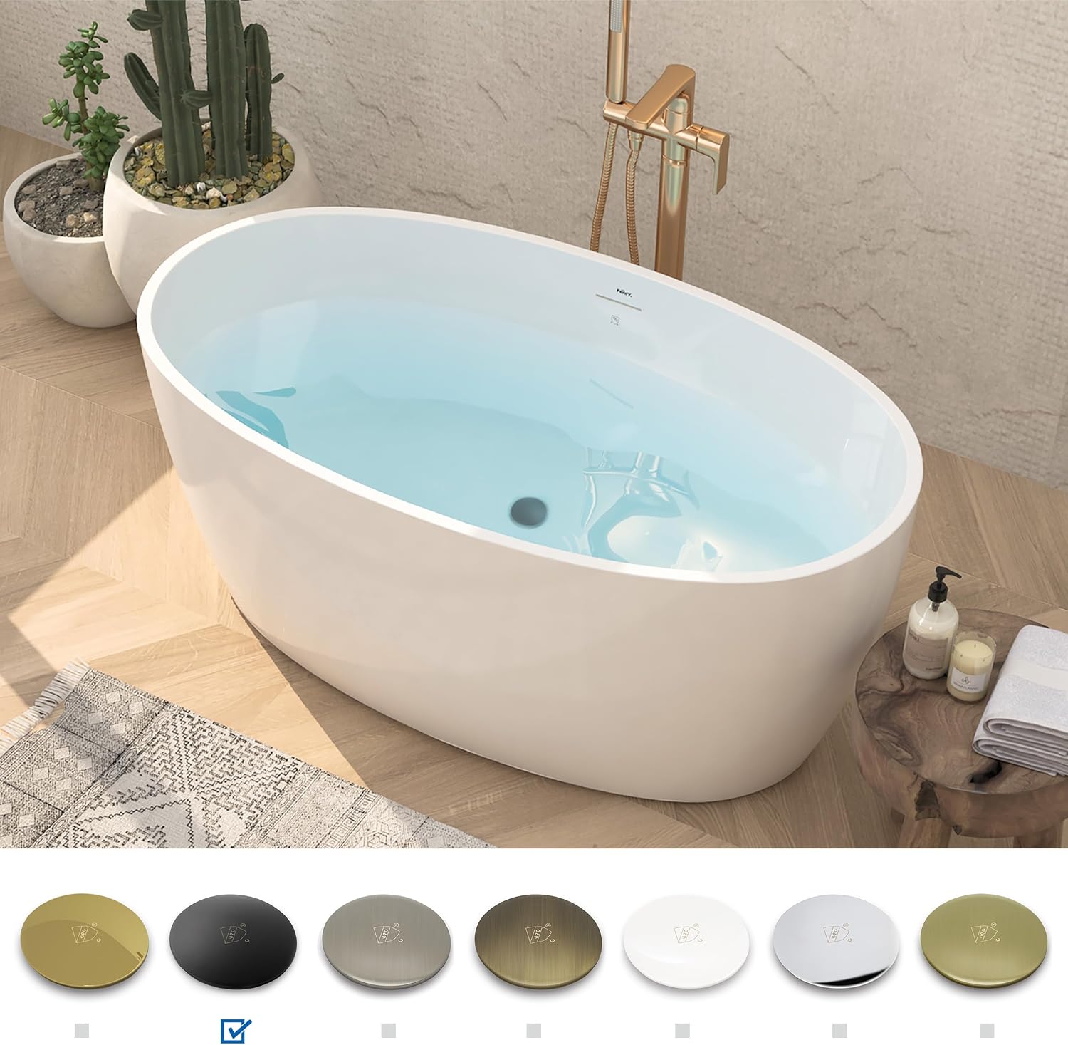 FerdY Tahiti 55' Acrylic Freestanding Bathtub, Elegant Oval Shape Soaking Bathtub, Glossy White, Matte Black Drain & Integrated Slotted Overflow Assembly Included cUPC Certified