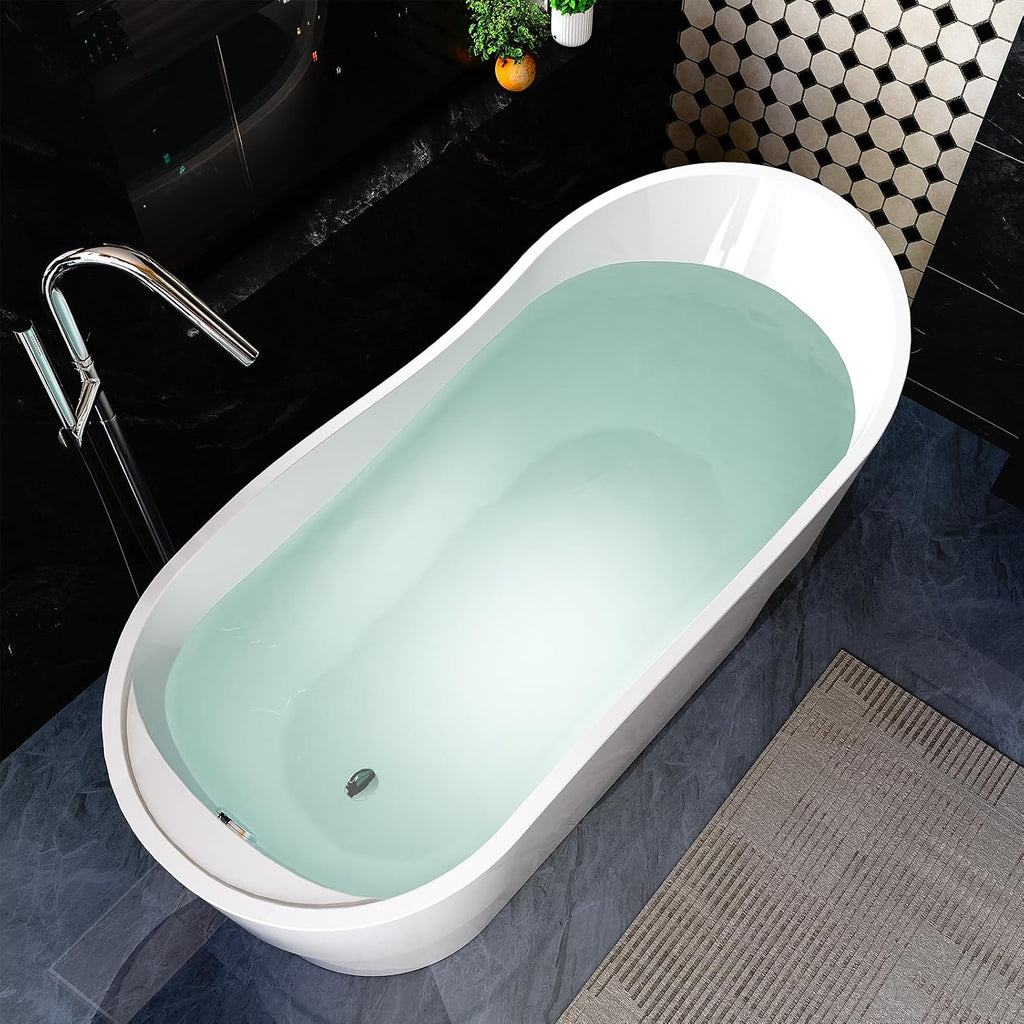 Empava Bathtub, 67' Soaking Tub, Acrylic Free Standing Tub with End Drain and Overflow, Contemporary Design Bathtub for Bathroom, cUPC Certified, Glossy White