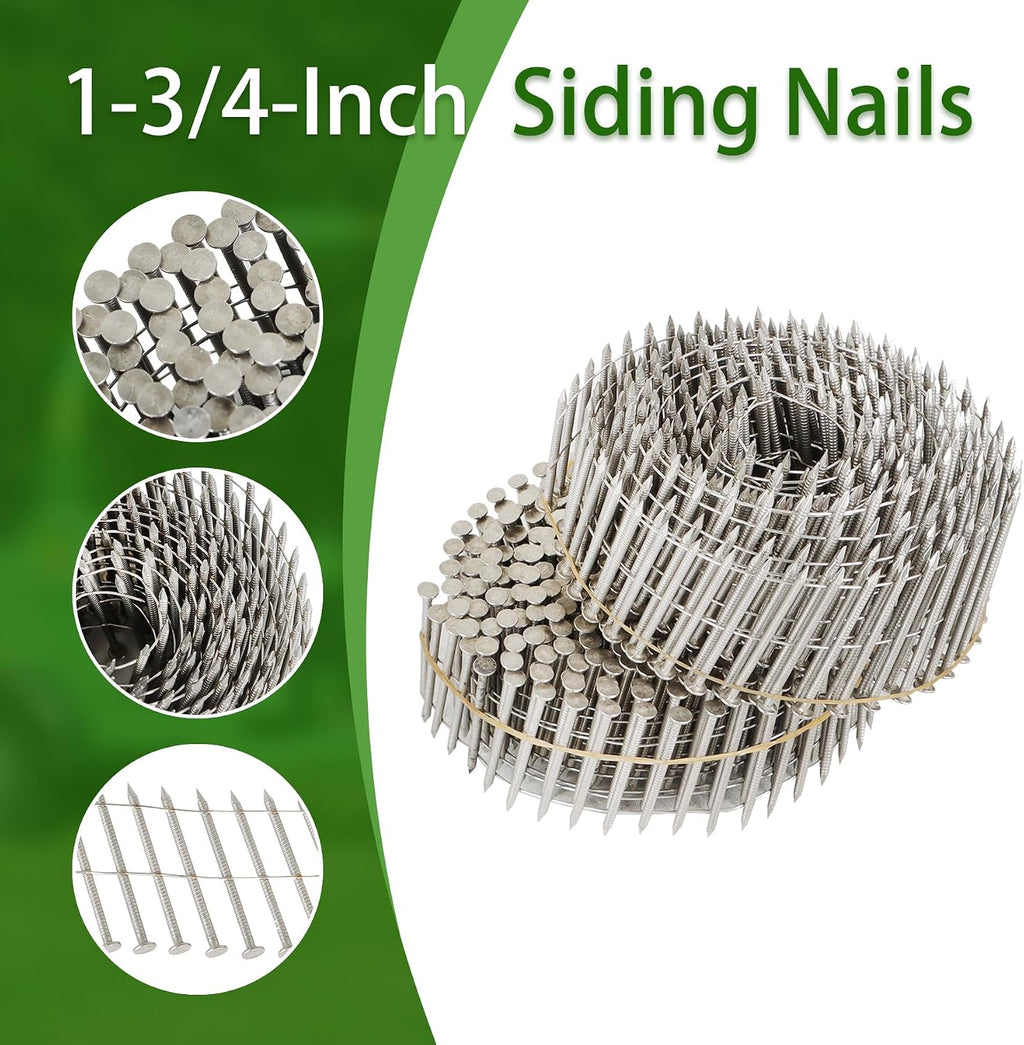 marddpair 3600 Count 1-3/4-Inch x .090-Inch 15-Degree Ring Shank Stainless Steel Siding Nails Collated Wire Coil for Wood or Fencing