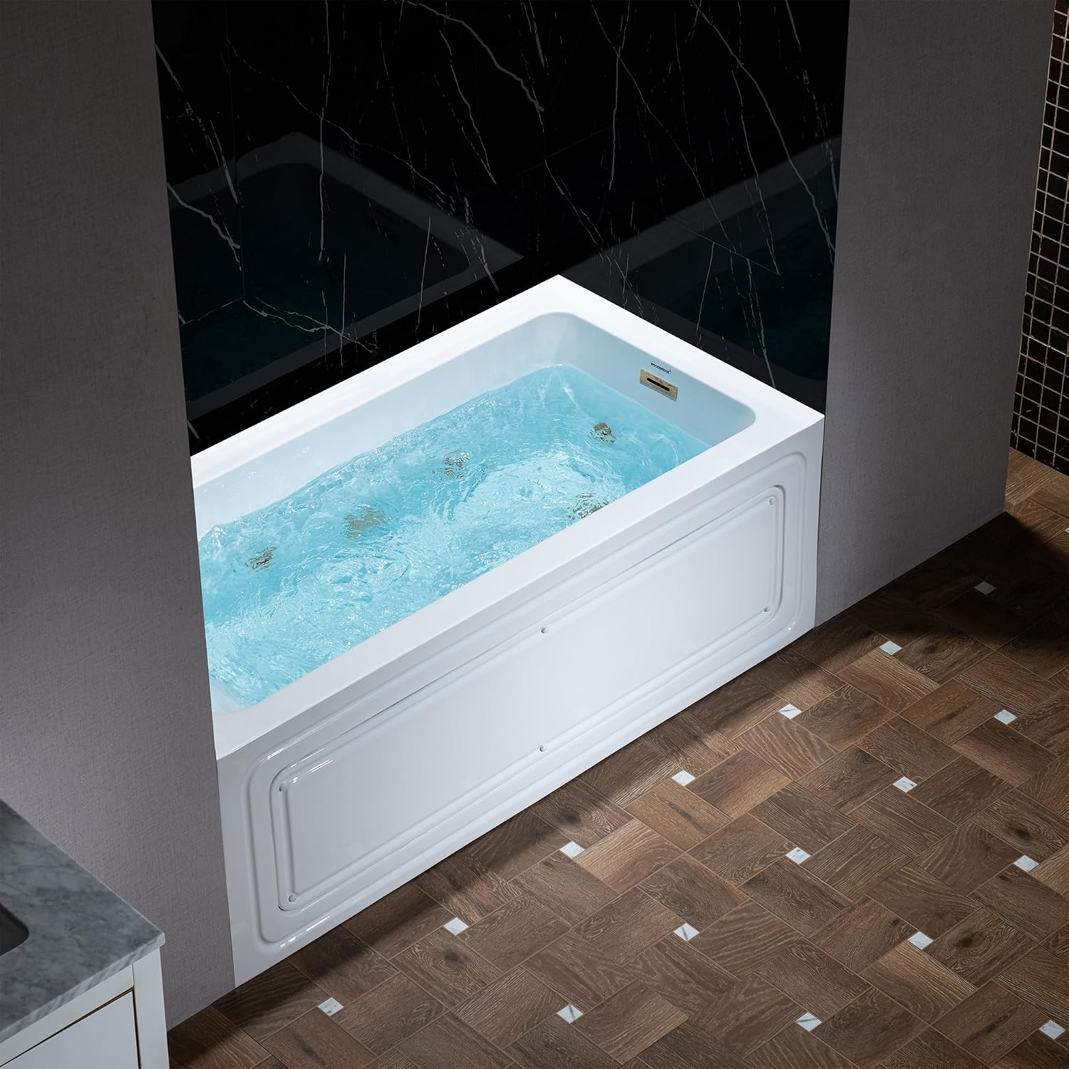 WOODBRIDGE 60' x 30' Alcove Acrylic Rectangular Whirlpool Heated Jetted Tub in White with right Drain, Brushed Gold Finish Trim and Drain Kit Included, BS666-R-BG03