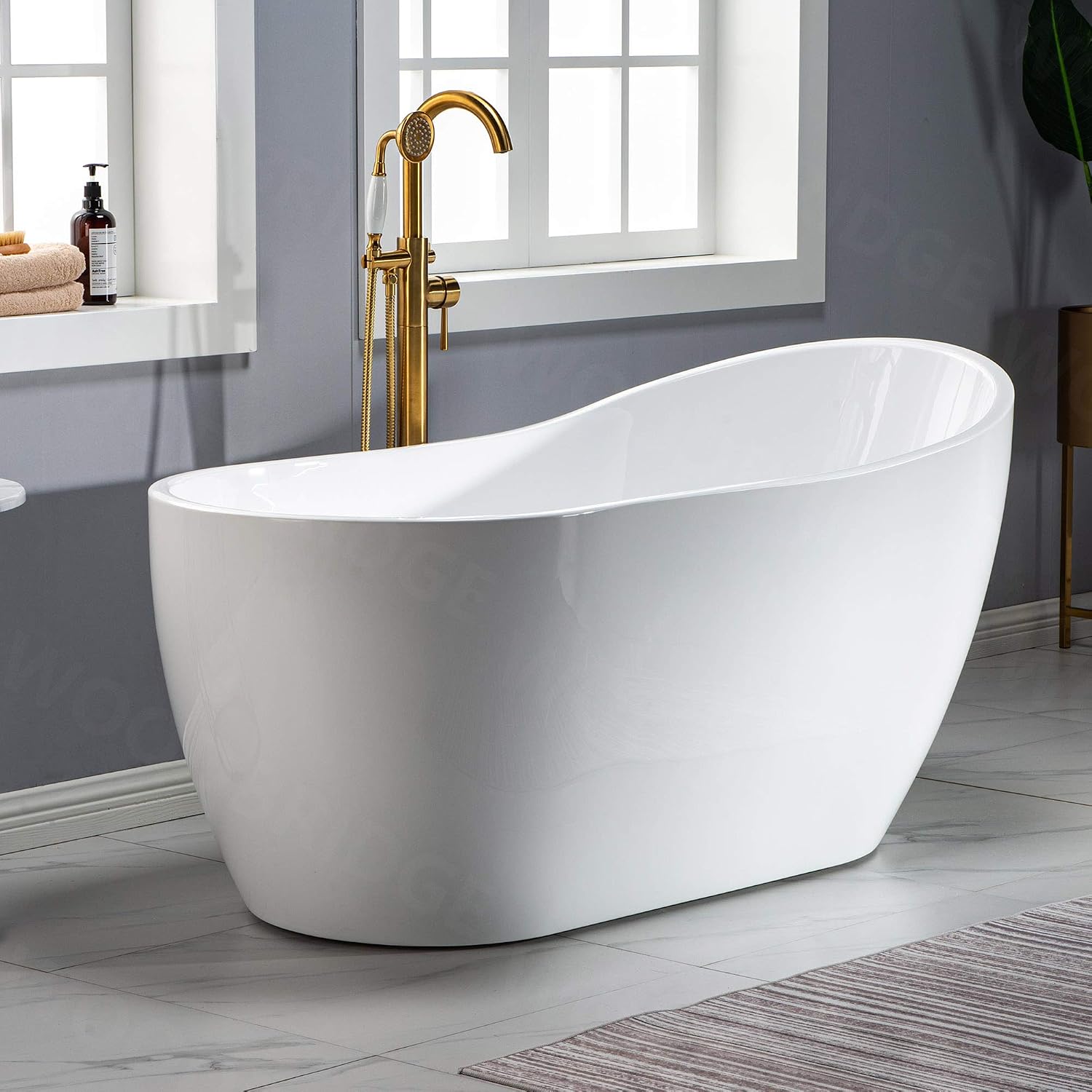 WOODBRIDGE 59' Acrylic Freestanding Bathtub Contemporary Soaking White Tub with Brushed Gold Overflow and Drain， B1530 -BG-Drain &O