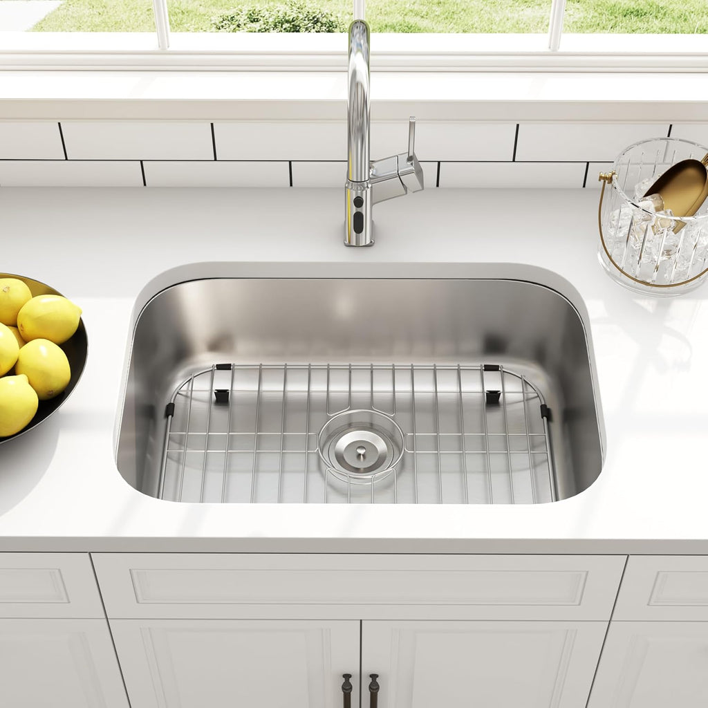 27 Inch Undermount Kitchen Sink 18 Gauge Stainless Steel Single Bowl Curved Shape Round Corner Arc Design Sinks with Basket Strainer and Bottom Grid 27' x 18' x 9'
