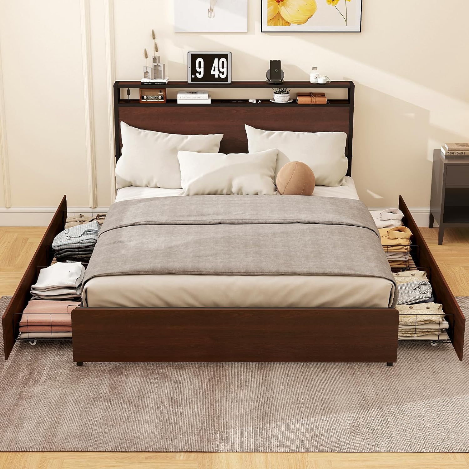 Zevemomo Full Size Bed Frame with 4 Storage Drawers, Full Platform Bed Frames with 2 Tier Storage Headboard, Charging Station, Adjustable LED Light, Noise-Free, No Box Spring Required, Reddish Brown