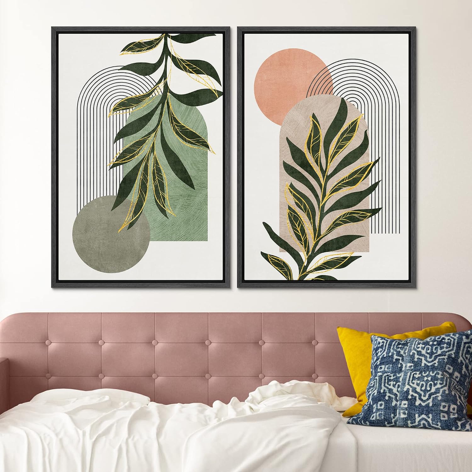 SIGNFORD Framed Canvas Print Wall Art Set Jungle Palm Leaf Geometric Polygons Abstract Shapes Illustration Modern Art Decorative Nordic Nature for Living Room, Bedroom, Office - 24'x36'x2 Black