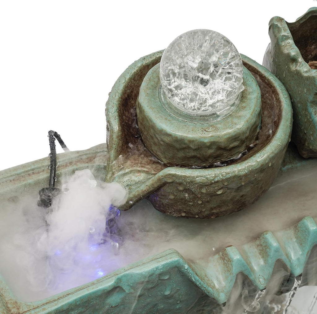 Tabletop Eco Fish Tank Water Fountains, Indoor Waterfall Decoration with Mist, Crystal Ball for Meditation, Desk Fountain with Pump & Colorful LED Atomizer for Feng Shui Wealth Boom