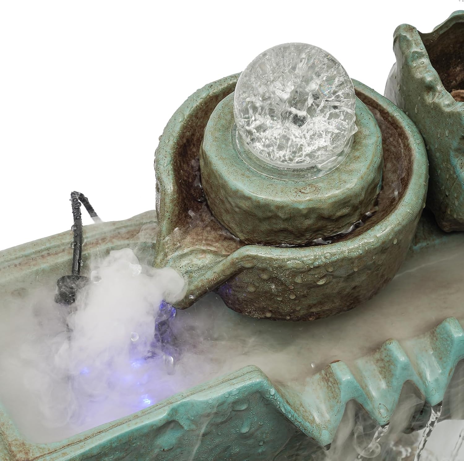 Tabletop Eco Fish Tank Water Fountains, Indoor Waterfall Decoration with Mist, Crystal Ball for Meditation, Desk Fountain with Pump & Colorful LED Atomizer for Feng Shui Wealth Boom