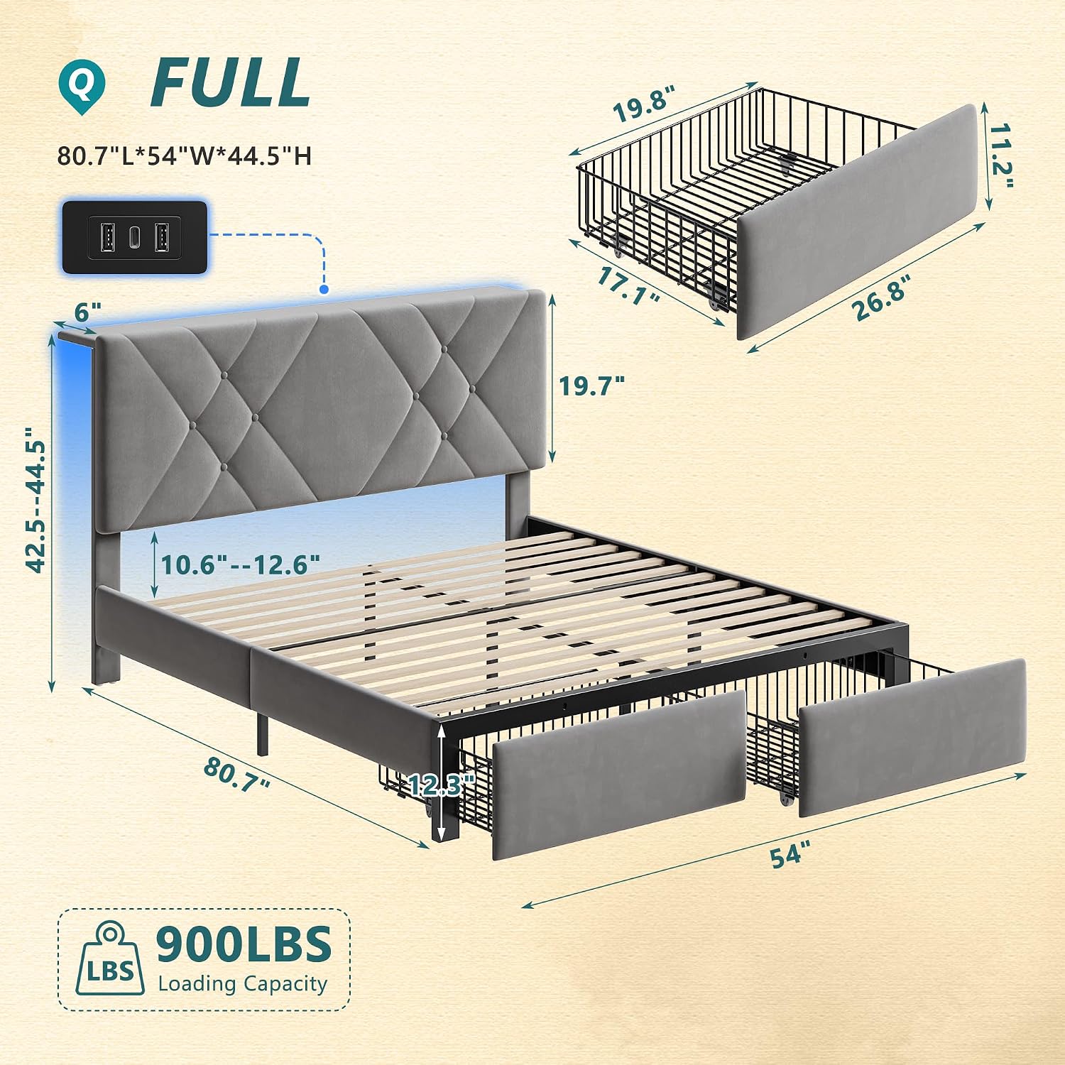 EnHomee Full Bed Frame with 2 Storage Drawers and LED Lights, Velvet Platform Bed Frame with Charging Station, Upholstered Adjustable Headboard, No Box Spring Needed, Easy Assembly，Grey