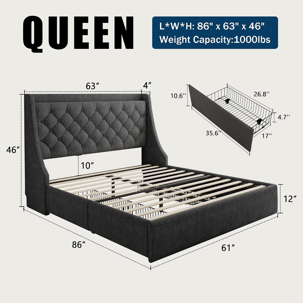 GalnFu Queen Bed Frame with 4 Storage Drawers, Giant Upholstered Wingback Headboard, Fast Charging Station, No Box Spring Needed, Noise-Free, Dark Gray