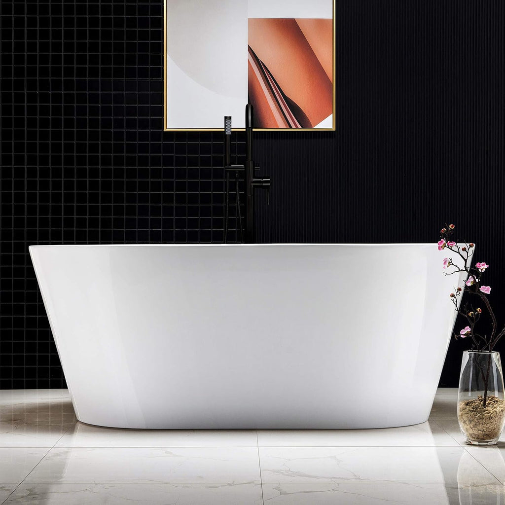 WOODBRIDGE 59' Freestanding White Acylic Soaking Bathtub with Oil Rubbed Bronze Drain and Overflow, BTA1514-ORB